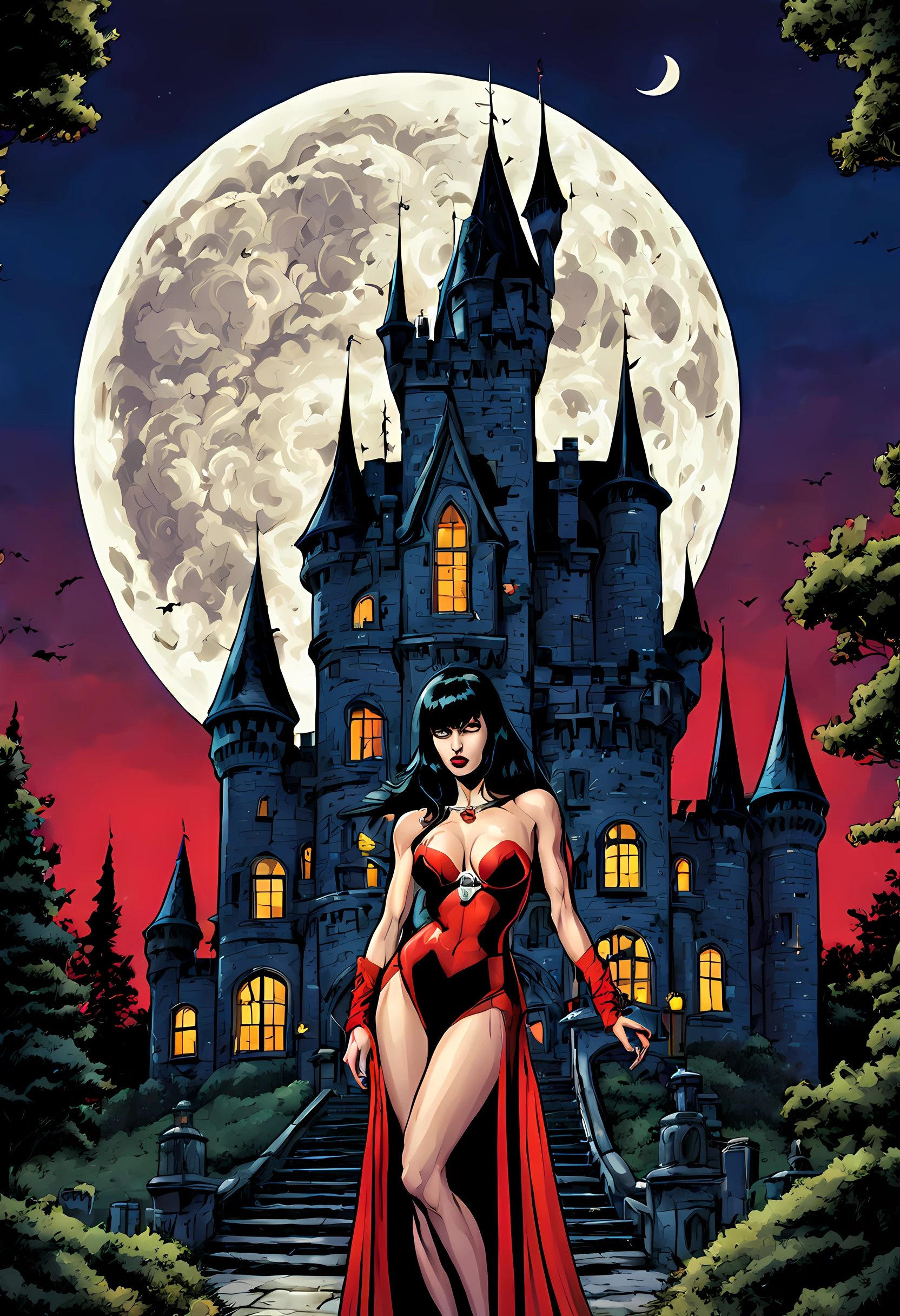 comic Vampirella outside castle at night, (), moon, clouds. graphic illustration, comic art, graphic novel art, vibrant, highly detailed, high saturation