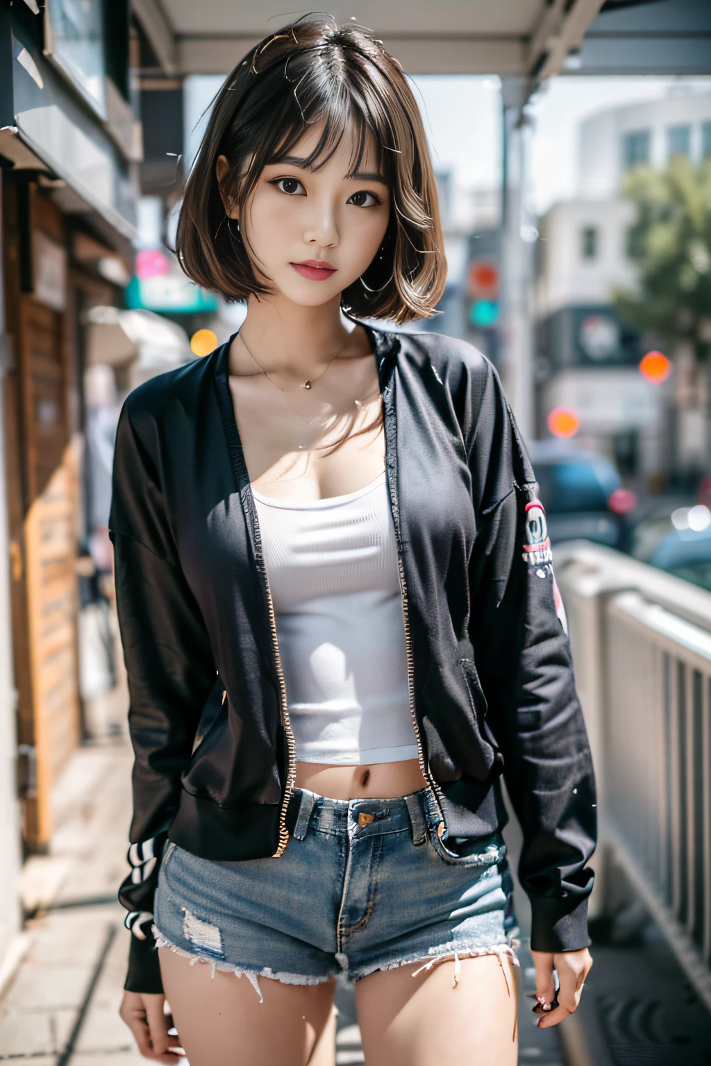 (Best Quality, 8k, 32k, Masterpiece, UHD:1.3), (Photo of Attractive Japanese Woman), 1 Girl, (short wavy hair), Perfect Body, Full body shot, Ultra Detailed Face, Detailed Lips, Fine Eyes, double eyelids, techwear clothes