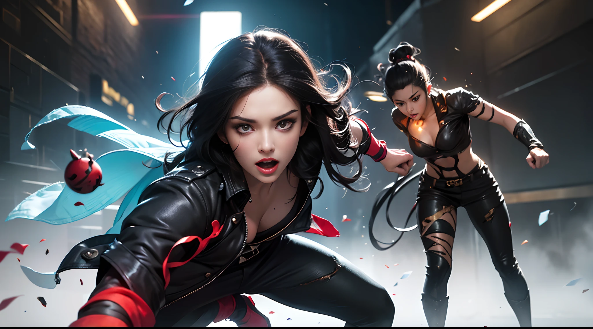 (Best Quality,4K,High resolution), Dark Hero，Superhumanization、(Best Quality,4K,High resolution)，transform,An abnormal，sharp eye，Red glowing eyes，Facial expression enhancement，，Changing the Appearance of a Transform，Destroy the ground with your fists，POWERGIRL、Spread your fists、buttle，Reproduce delicate and realistic skin texture in detail，Realistically reproduced muscles、Texture、Realistic portrayal，Vibrant colors，expresive，Classic background(Best Quality,4K,High resolution), Comical appearance，(Best Quality,4K,High resolution), 18yo woman, Red highlights on black hair, Long hair, Straight hair, Cool Woman,Small breasts、Superhumanization，Cold eyes ,sharp eye，Red and black decoration with intricate decoration、ripped clothing，comic strip，animesque，Comical illustration，busy，Deformed cute illustration，Full body projection，Doomsday World，Fighting，Dark worldview，Delicately reproduced dynamism、Combat stance