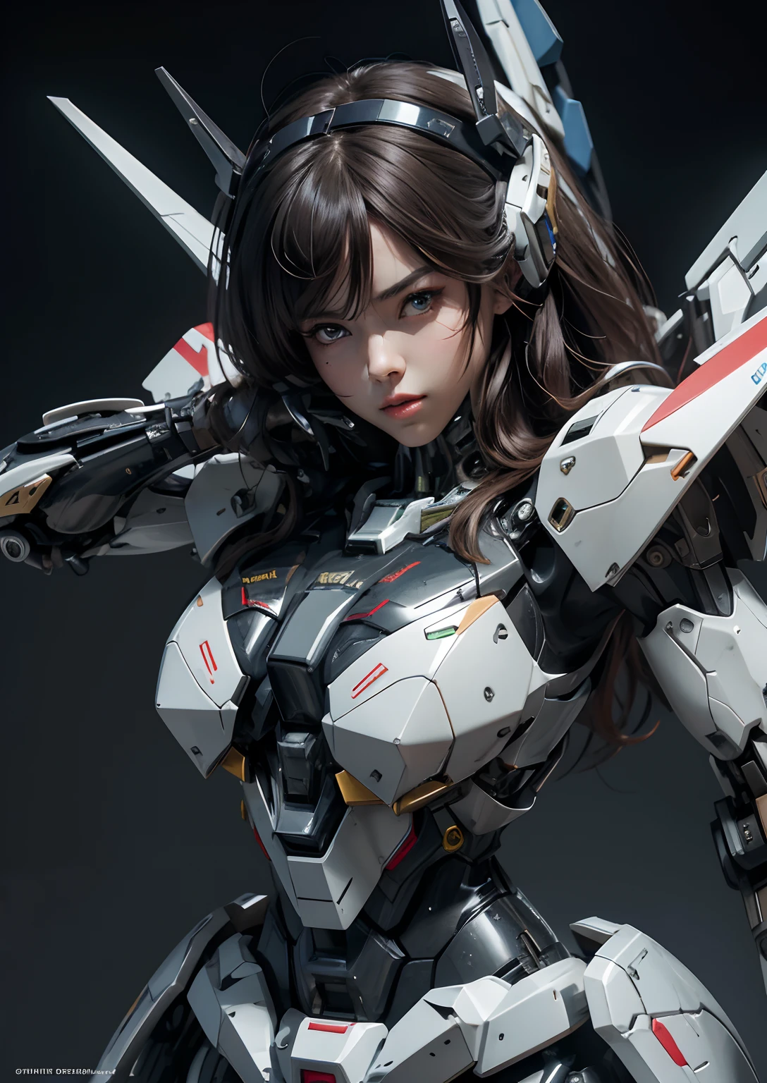 Textured skin, Super Detail, high details, High quality, Best Quality, hight resolution, 1080p, hard disk, Beautiful,(Gundam),beautiful cyborg woman,Mecha Cyborg Girl,Battle Mode,Girl with a Mecha Body,She wears a futuristic Gundam mecha,Fulll body Shot