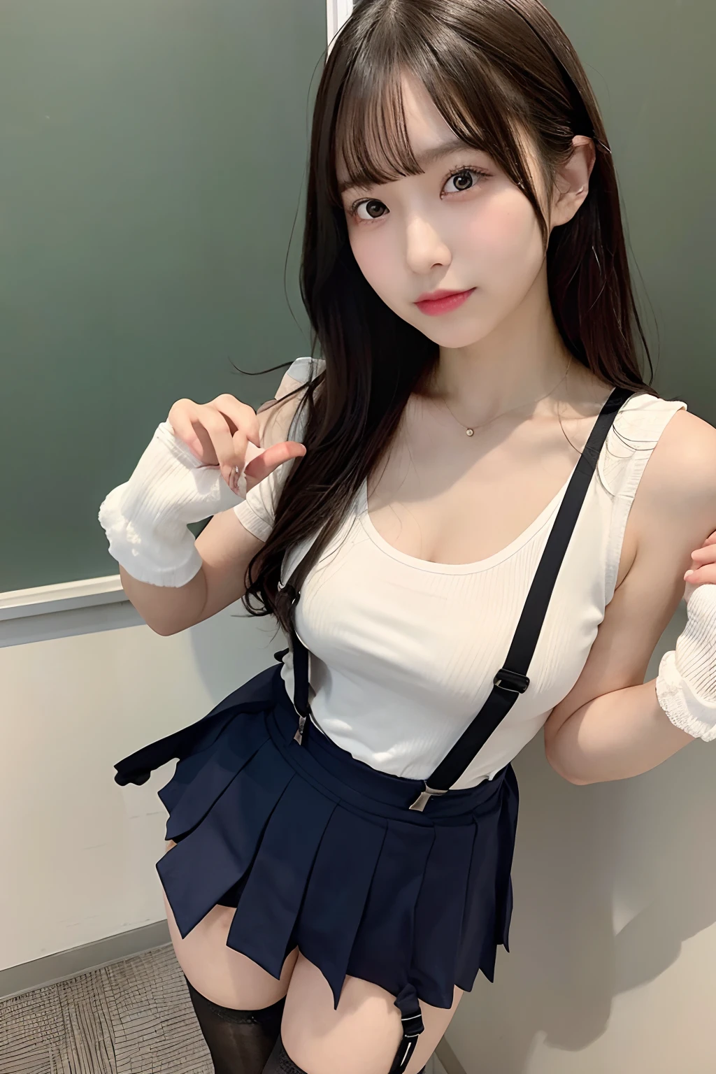 masterpiece、top-quality、The ultra -The high-definition、、colourfull、flat-colors、depth of fields、lens flare 1 girl、、A dark-haired、watching at viewers、Schools、Classroom、a miniskirt、Detailed feel、Detailed Cloth Texture、beautifull detailed face、beauty of 30 years old、Adult atmosphere、 garters Stockings large full breasts suspenders is standing glares knee high Niso knee high socks Armpit sweat Hands behind your hands Belt on skirt Armpit sweat Raise your hand