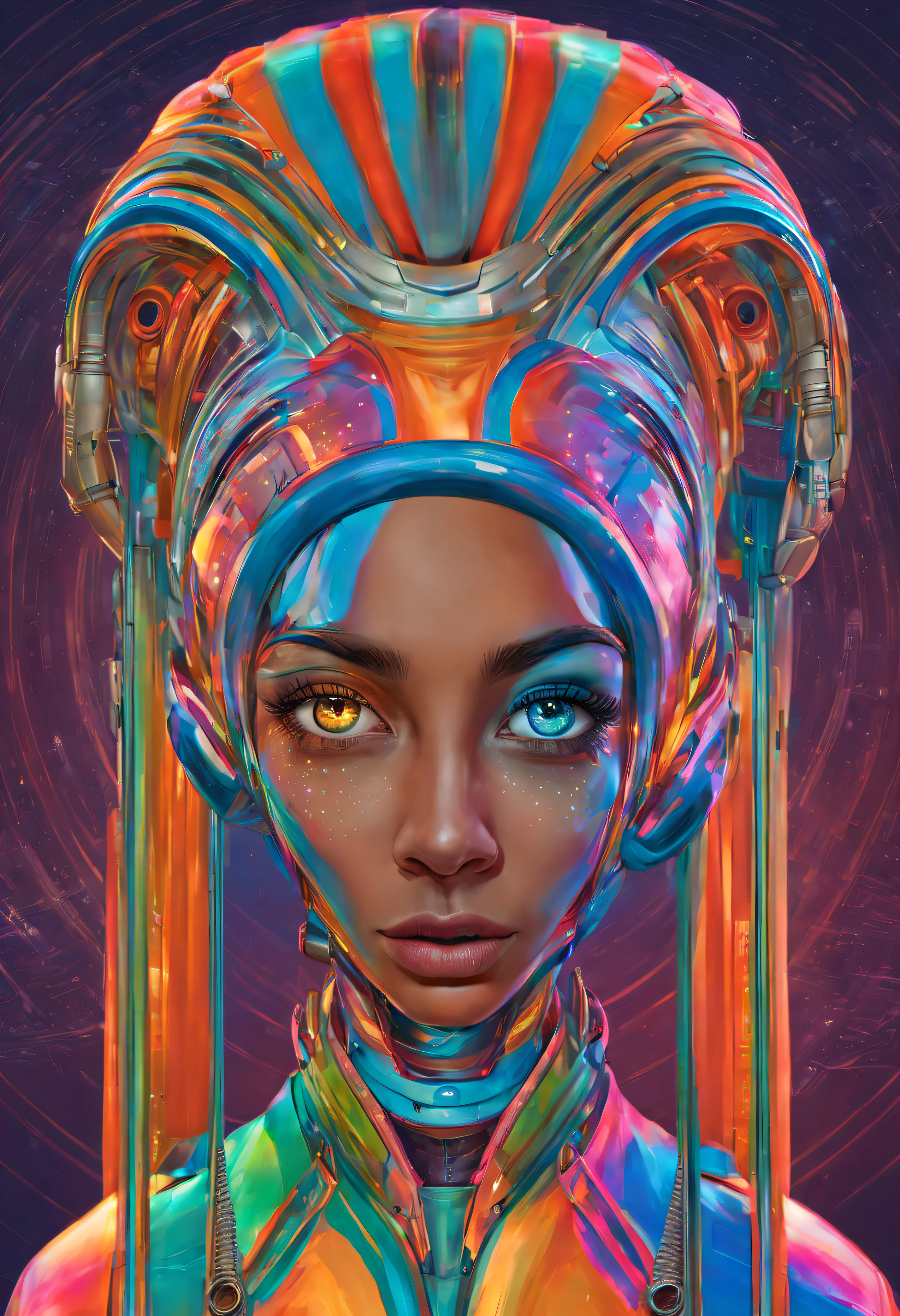 hembra alienigena extraterrestre de gran cabeza ovalada y ojos grandes, agradable, con traje supertecnologico de colores vivos, se encuentra en centro de control de spacecraft.