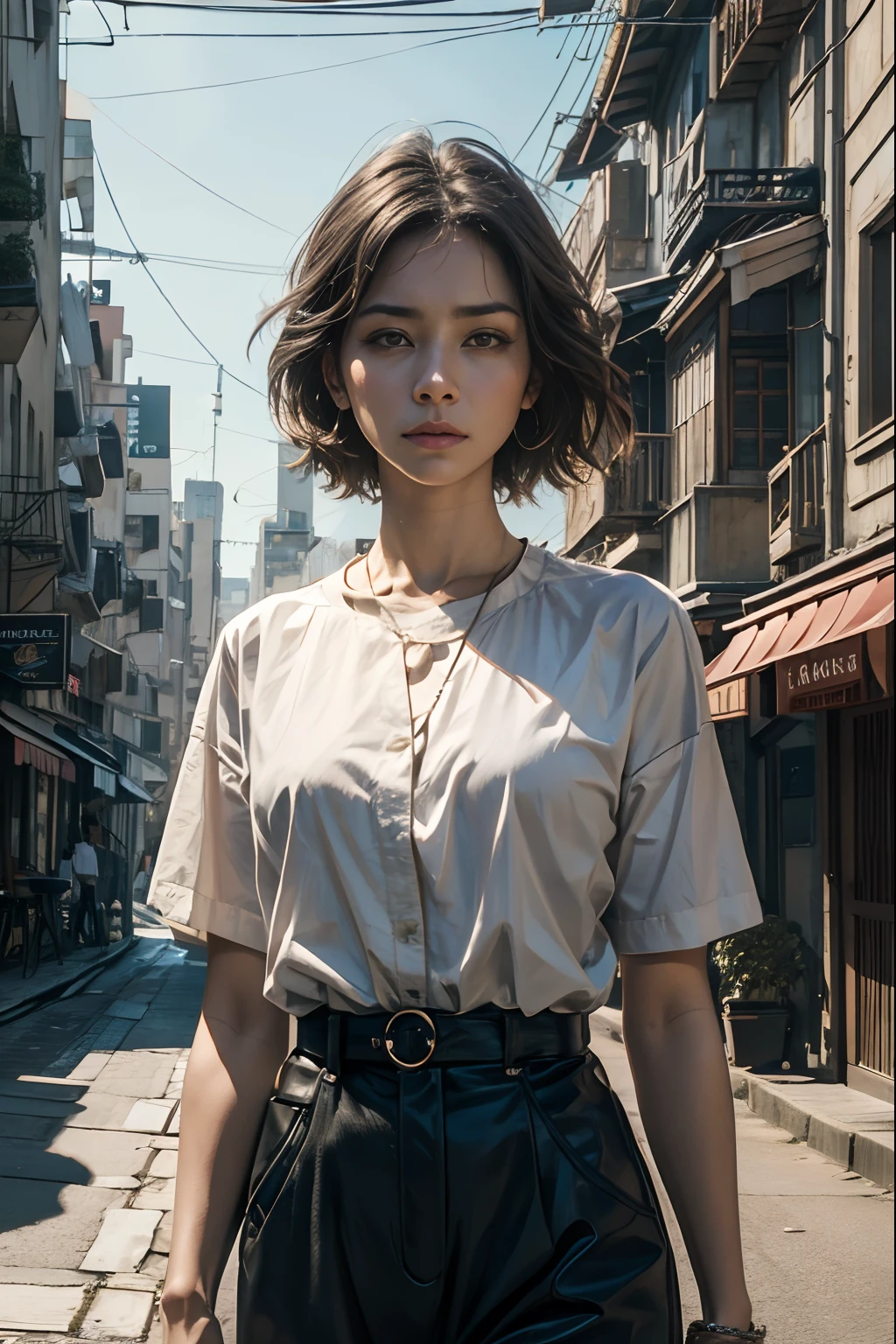 An uninhabited urban street with no one around. The time period is during the day. A beautiful woman stands still with a confused expression. Detailed depiction of the face. 8K image quality. 4K quality. A masterpiece.