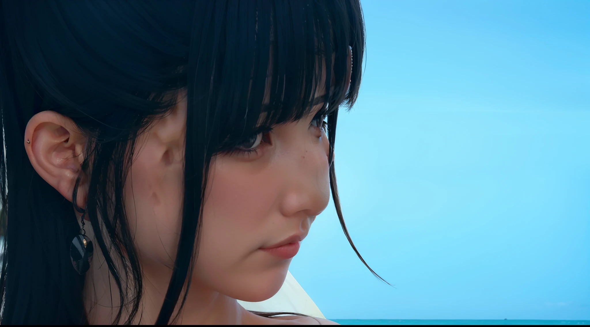 There is a woman with long black hair and earrings on the beach, Photorealsitic, Close up of young girl, Cute girl rendering, character close-up, extra detailed face, [ 4 k photorealism ]!!, close up character, character close-up