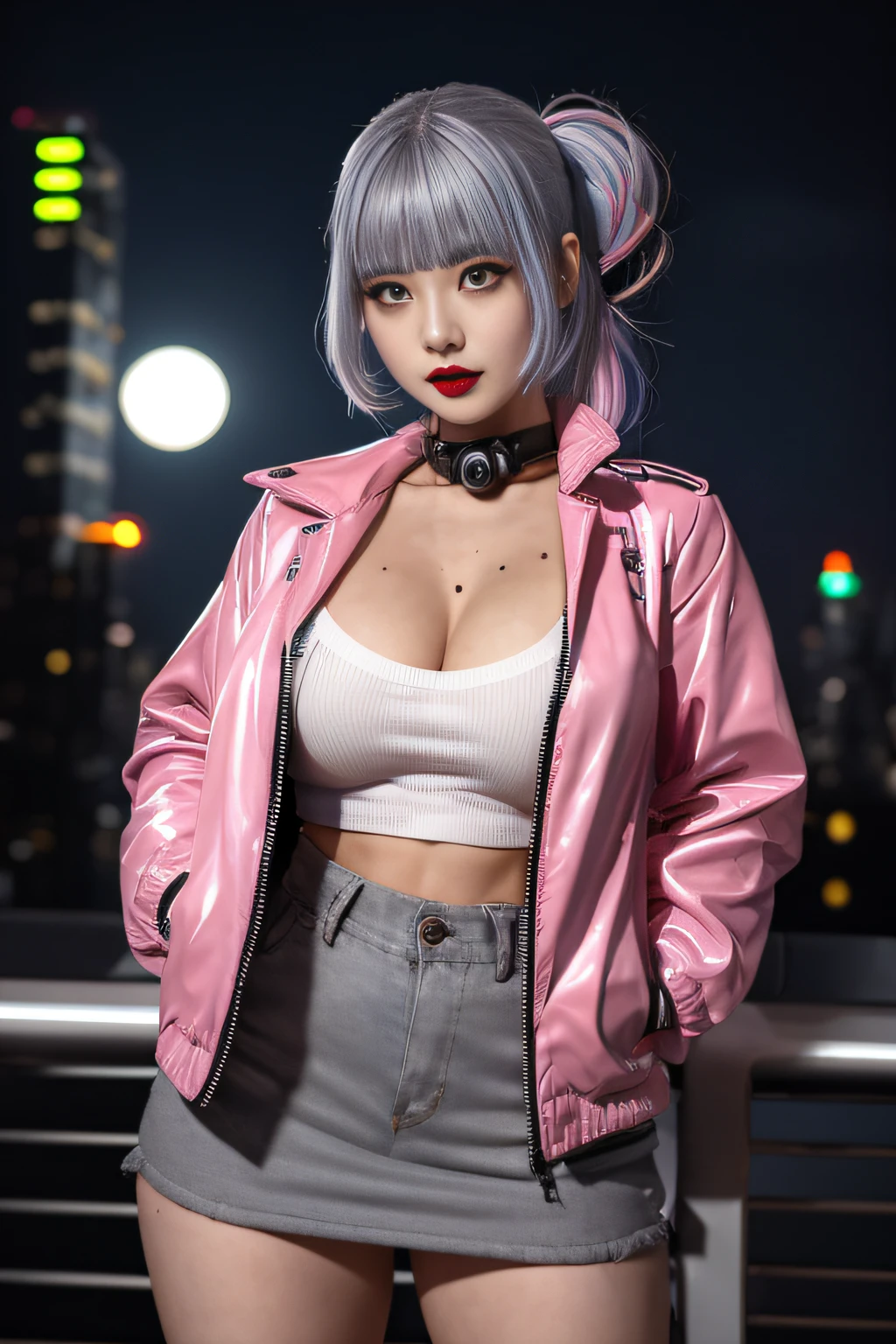 nsfw、female idol、nude lip gloss、smiling face、smoky eyshadow、dramatic lashes、full body Esbian、shiny very large necklace（neon fuchsia)、naked medium breasts、shiny glossy latex tight mini skirt（neon fuchsia)、clutch（neon fuchsia)、multicolor short hair（neon fuchsia)、long white fluffy fur coat with white fluffy fur（bright white)、conceptual art, High quality, Realistic, extremely detailed CG unified 8k wallpaper, highly detailed, High-definition raw color photos, professional photography, Realistic portrait, Cinematic Light, Beautiful detailed, Super Detail, high details, (((Bokeh))), depth of fields, illumination, Neon Street, Super stylish lighting