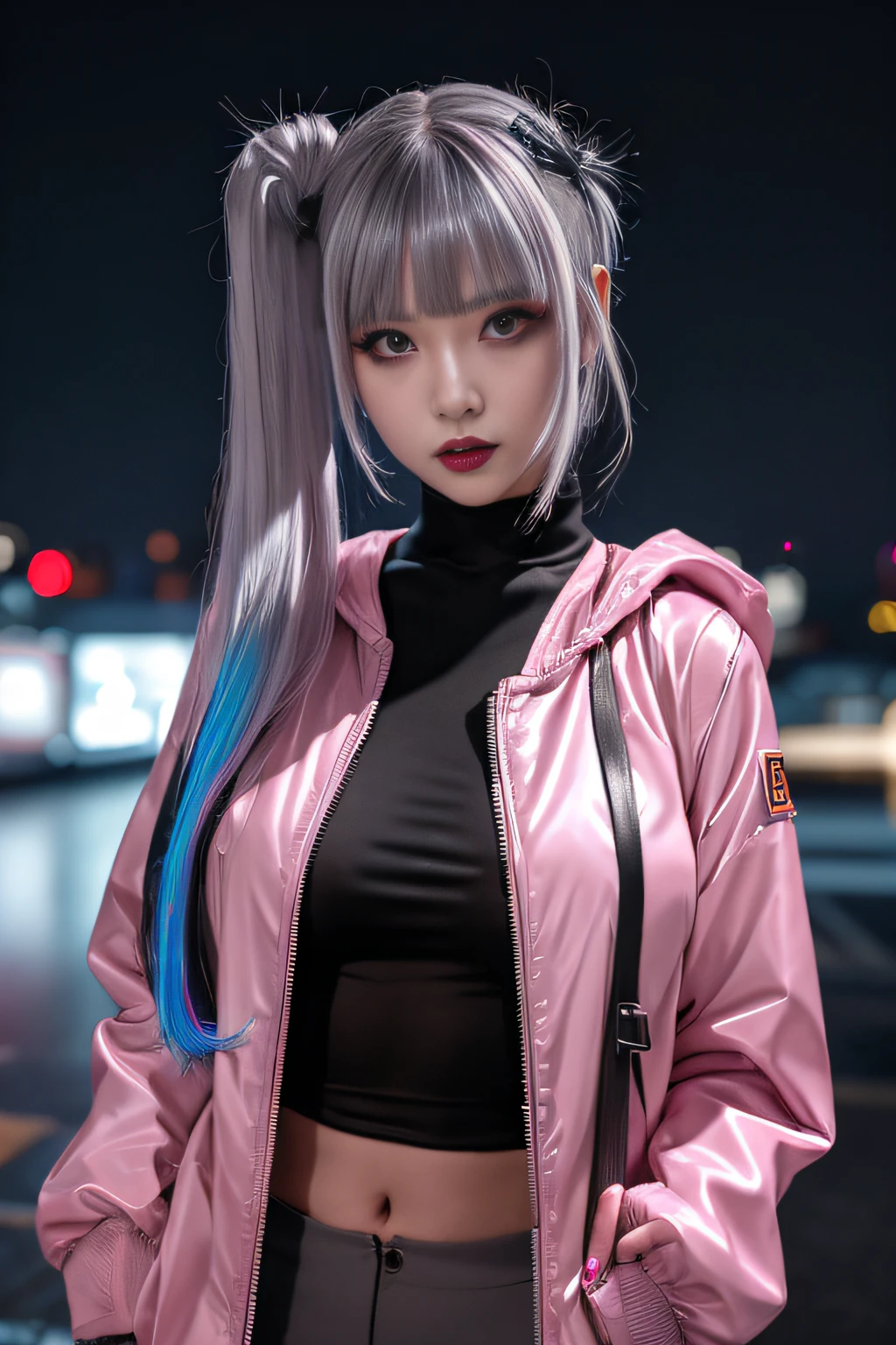 lucy \(cyberpunk\), 1girl, hair scrunchie, hime cut, silver hair, colored tips, full moon, grey eyes, jacket, long sleeves, looking at viewer, medium hair, multicolored hair, parted bangs, parted lips, pink hair, portrait, red eyeliner, red lips, solo, white jacket, cyberpunk \(series\), rainy night in a cyberpunk city with glowing neon lights