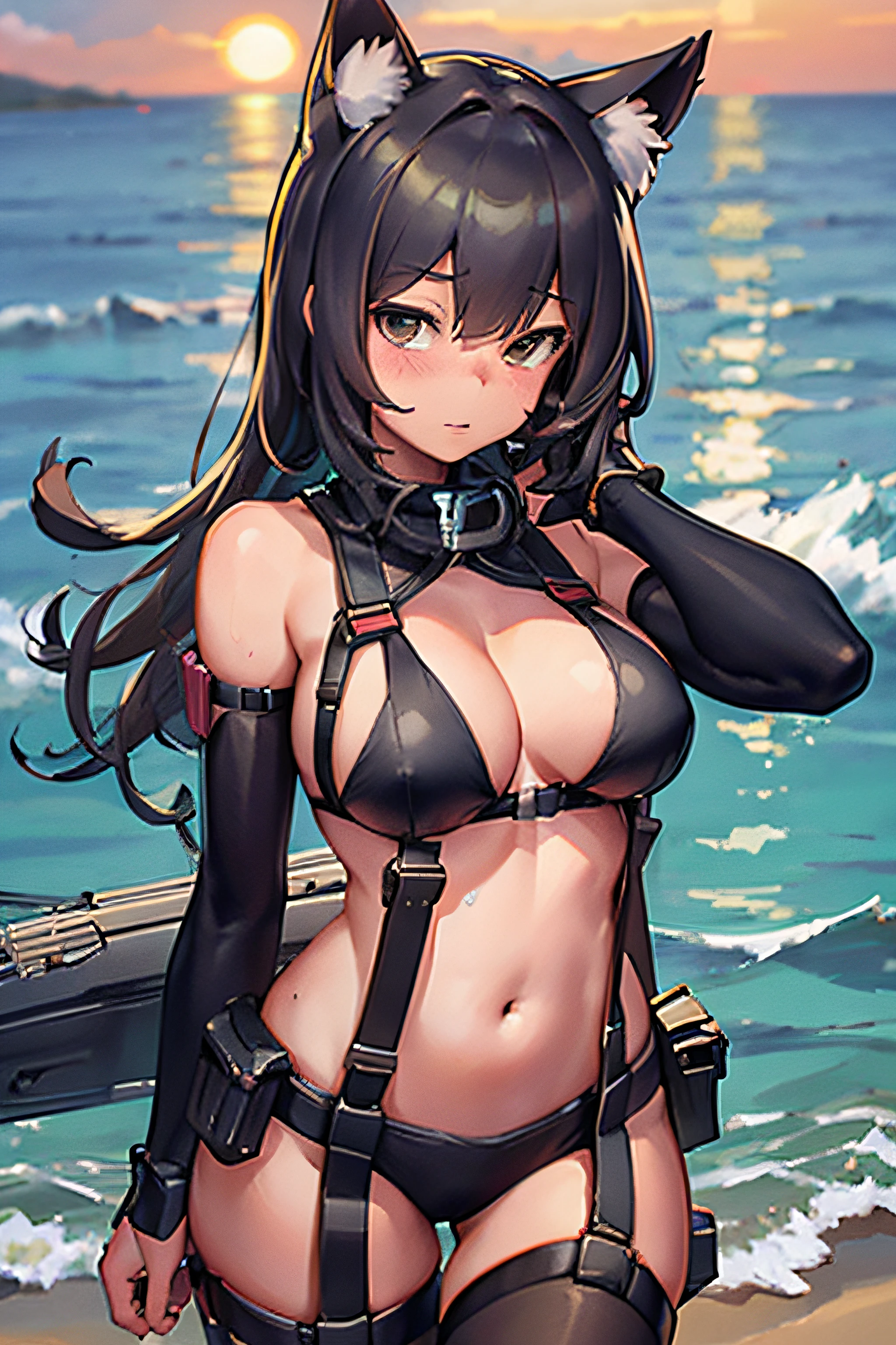 Best quality, masterpiece, super high resolution, single, 1 girl, depth of field, swimsuit, stockings, cat ears, catgirl, beach, sunrise, military, tactical, bikini, belt, pouches, tactical belt, harness, face portrait, artstation