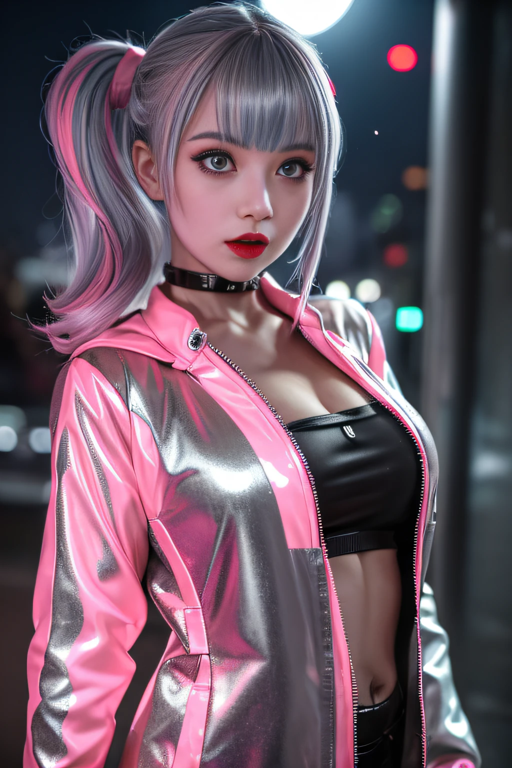 lucy \(cyberpunk\), 1girl,  hair scrunchie, hime cut, silver hair, colored tips, full moon, grey eyes, jacket, long sleeves, looking at viewer, medium hair, multicolored hair, parted bangs, parted lips, pink hair, portrait, red eyeliner, red lips, solo, white jacket, cyberpunk \(series\), rainy night in a cyberpunk city with glowing neon lights