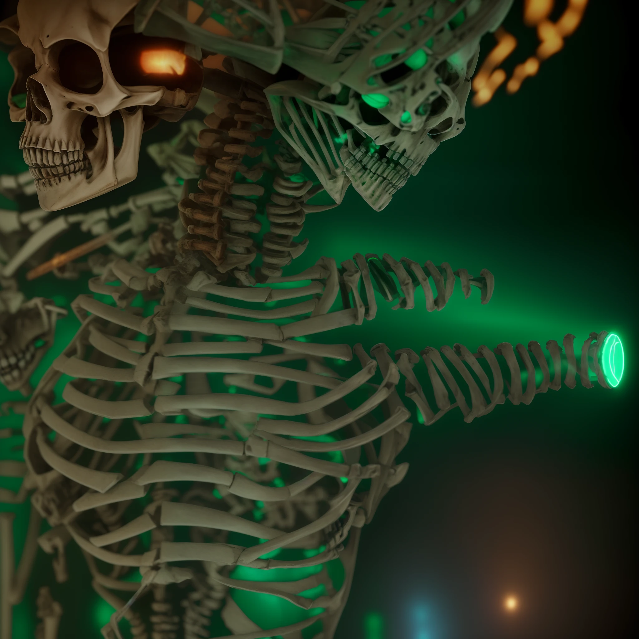 a close up of a skeleton with a green light in the background, skeleton with eyes, cyberpunk skeleton, glowing bones, skelleton, skeleton corpse, chained skeleton, cyber skeleton, corpses come to life, portrait of a cyber skeleton, skeletal with extra flesh, detailed glowing head, horror animatronic, terminator skeleton, a skeleton smoking a cigar, skeleton