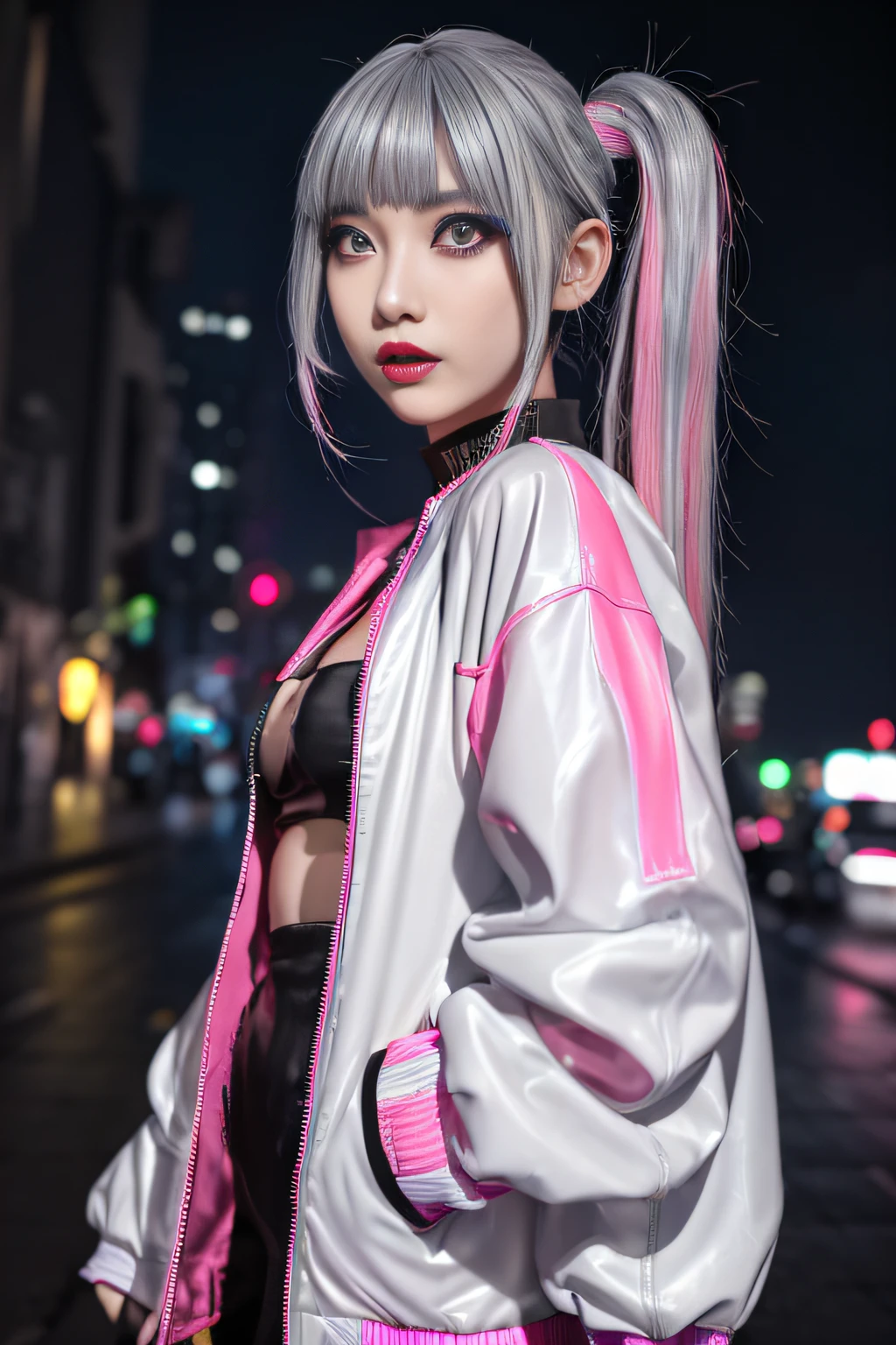 lucy \(cyberpunk\), 1girl,  hair scrunchie, hime cut, silver hair, colored tips, full moon, grey eyes, jacket, long sleeves, looking at viewer, medium hair, multicolored hair, parted bangs, parted lips, pink hair, portrait, red eyeliner, red lips, solo, white jacket, cyberpunk \(series\), rainy night in a cyberpunk city with glowing neon lights