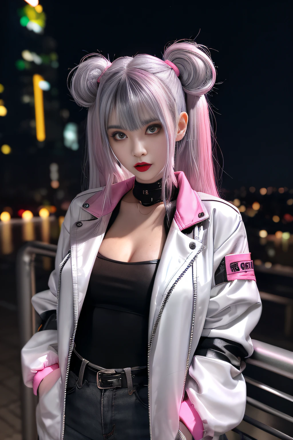 lucy \(cyberpunk\), 1girl, hair scrunchie, hime cut, silver hair, colored tips, full moon, grey eyes, jacket, long sleeves, looking at viewer, medium hair, multicolored hair, parted bangs, parted lips, pink hair, portrait, red eyeliner, red lips, solo, white jacket, cyberpunk \(series\), rainy night in a cyberpunk city with glowing neon lights