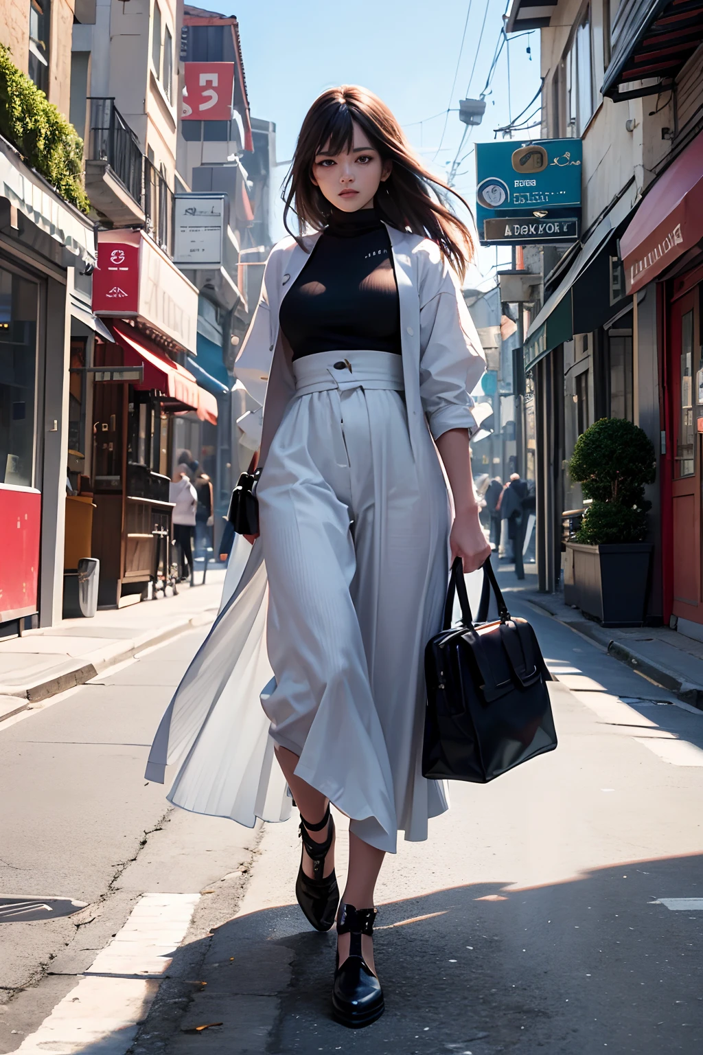An uninhabited urban street with no one around. The time period is during the day. A beautiful woman stands still with a confused expression. Detailed depiction of the face. 8K image quality. 4K quality. A masterpiece.