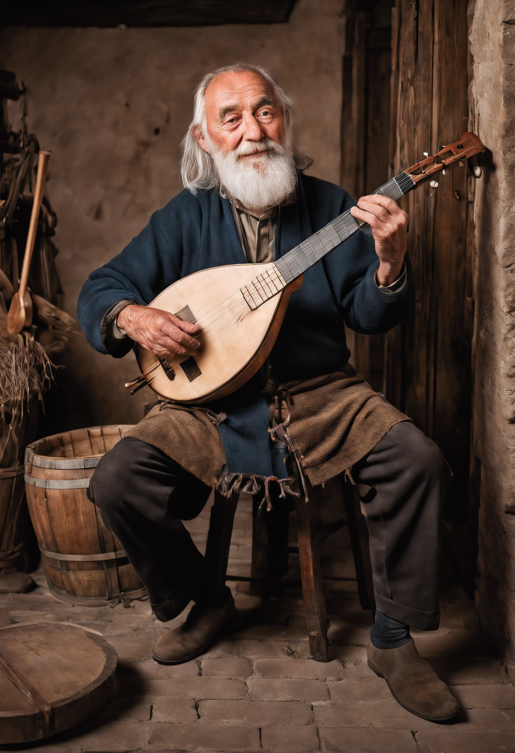 photographic portrait, full length, old villager playing stringed instrument, medieval tavern,professional photoshoot