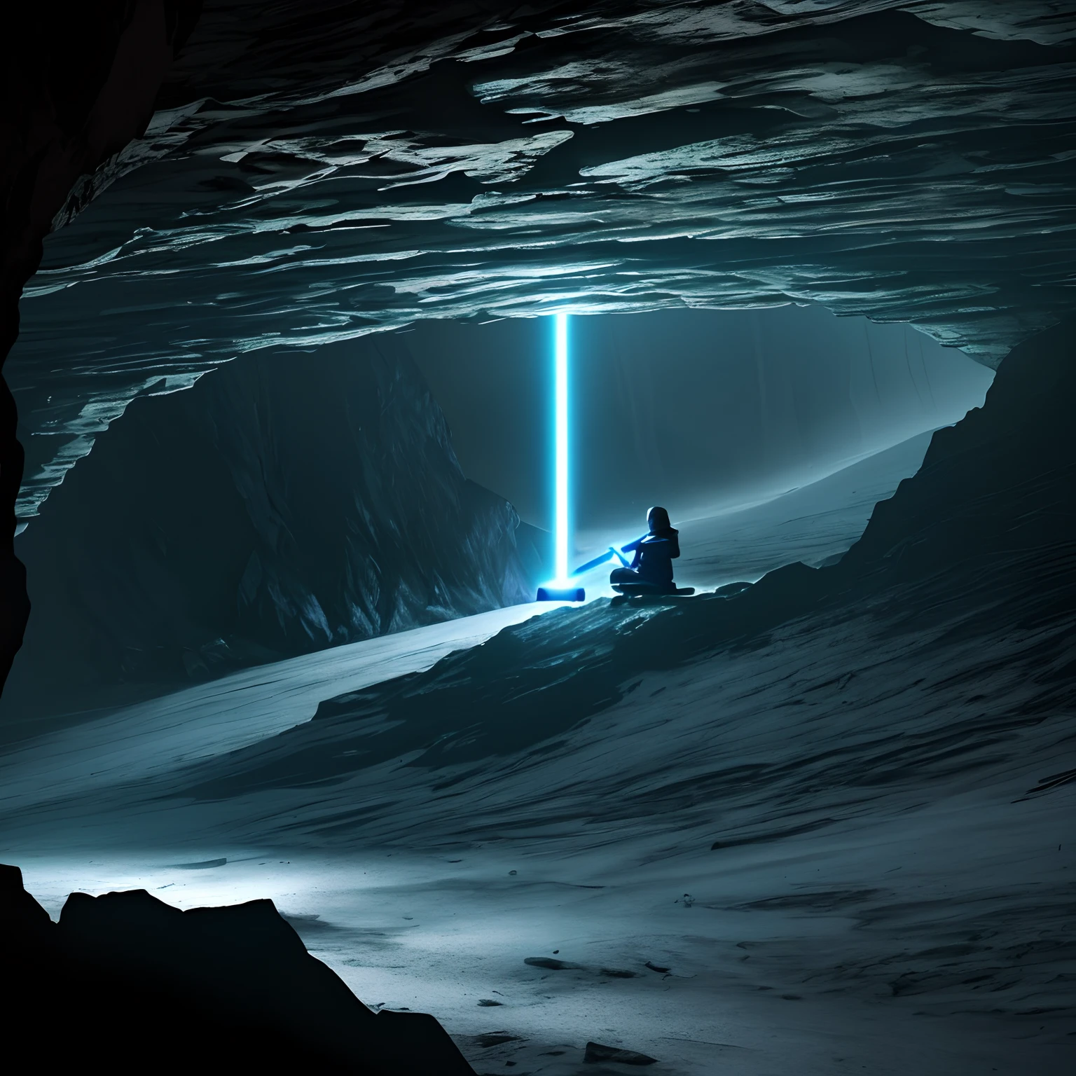 A Jedi ninja meditating in a cave holding a lightsaber hilt in his hands,