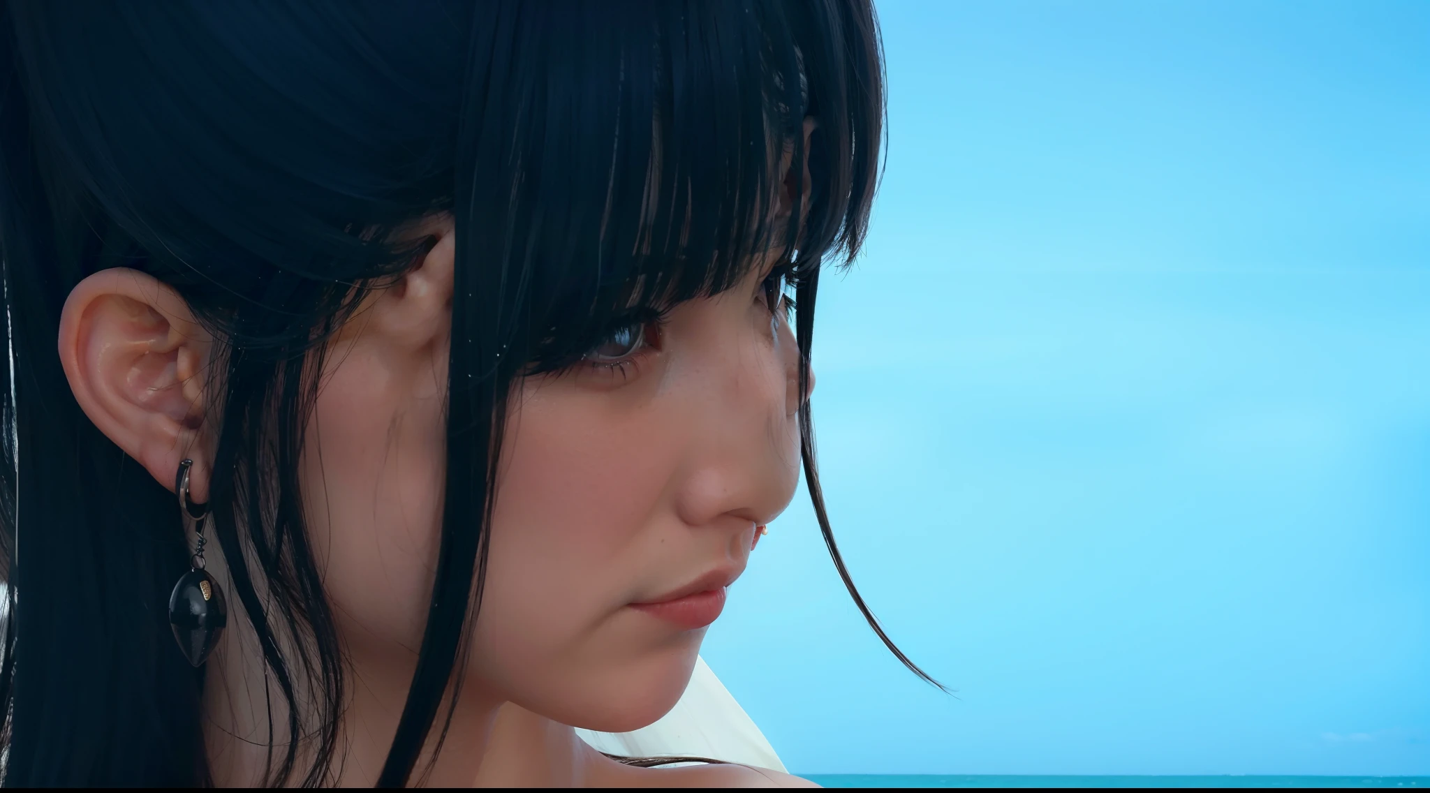 There is a woman with long black hair and earrings on the beach, Photorealsitic, Close up of young girl, Cute girl rendering, character close-up, extra detailed face, [ 4 k photorealism ]!!, close up character, character close-up