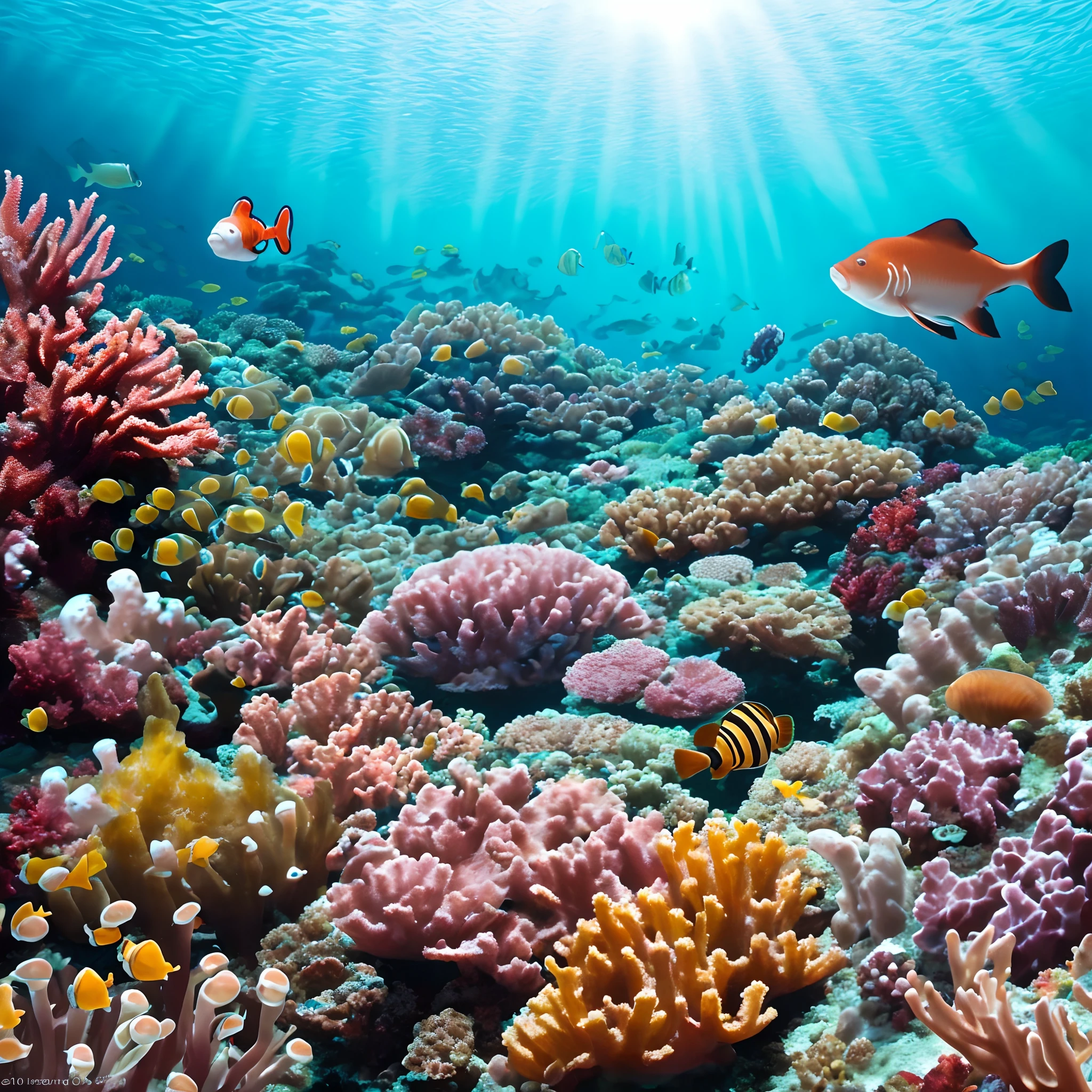 Underwater scene in a beautiful coral reef with clown fish, sharks and grouper fish in the beautiful sunlit water in ultrarealistic detail