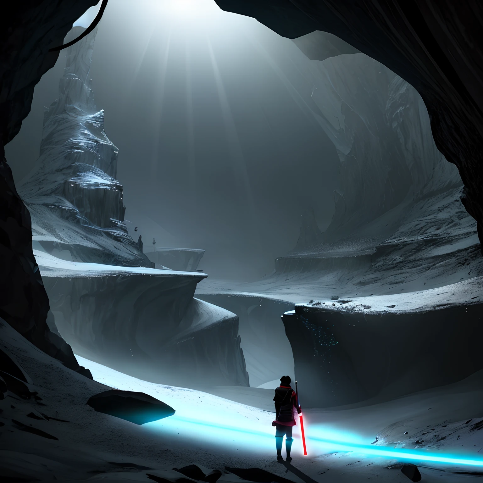 A Jedi ninja meditating in a cave holding a lightsaber hilt in his hands,
