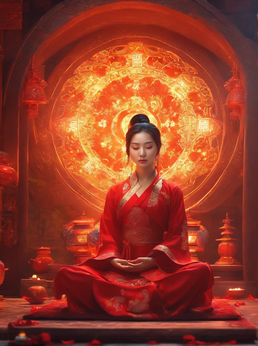 A Chinese girl，Meditate cross-legged, at centre，Very bright colors, Light particles, with light glowing, Mshiv, wallpaper art, UHD wallpaper