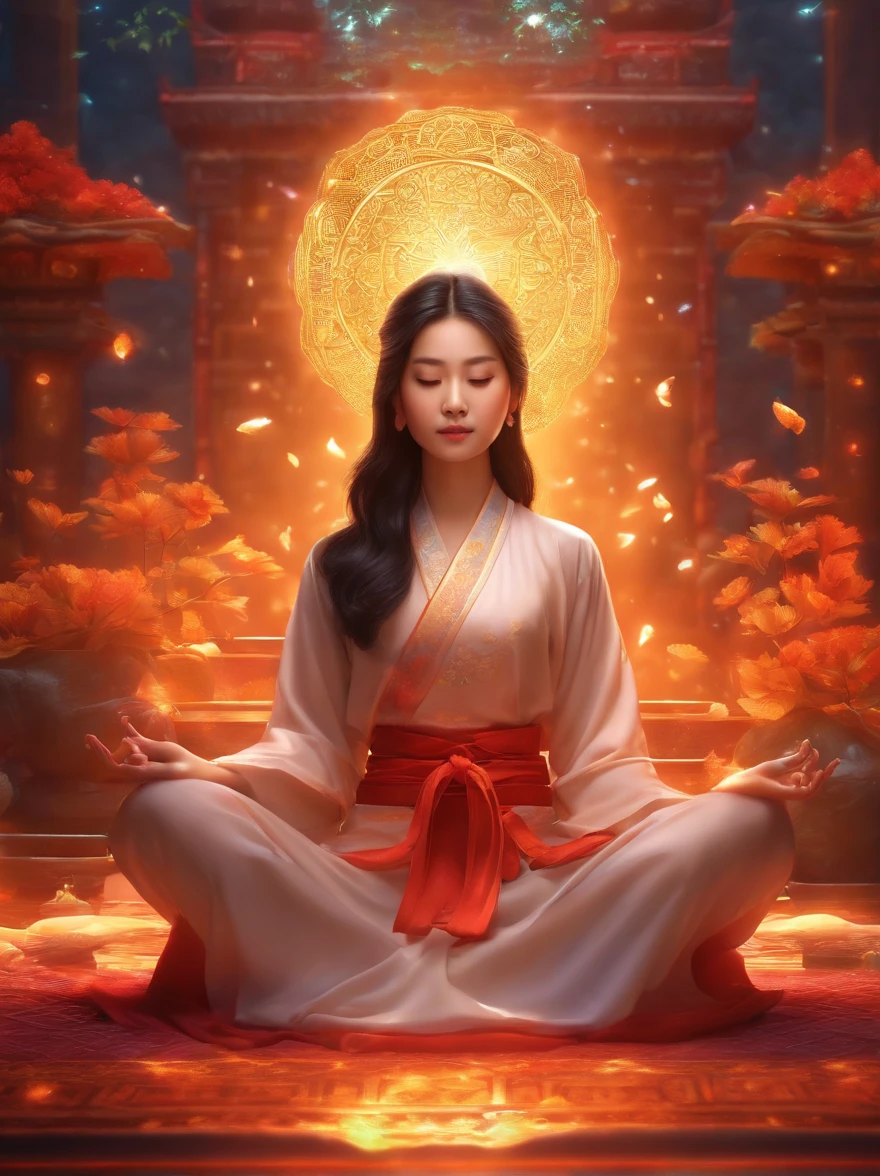 A Chinese girl,Meditate cross-legged, at centre,Very bright colors, Light particles, with light glowing, Mshiv, wallpaper art, UHD wallpaper
