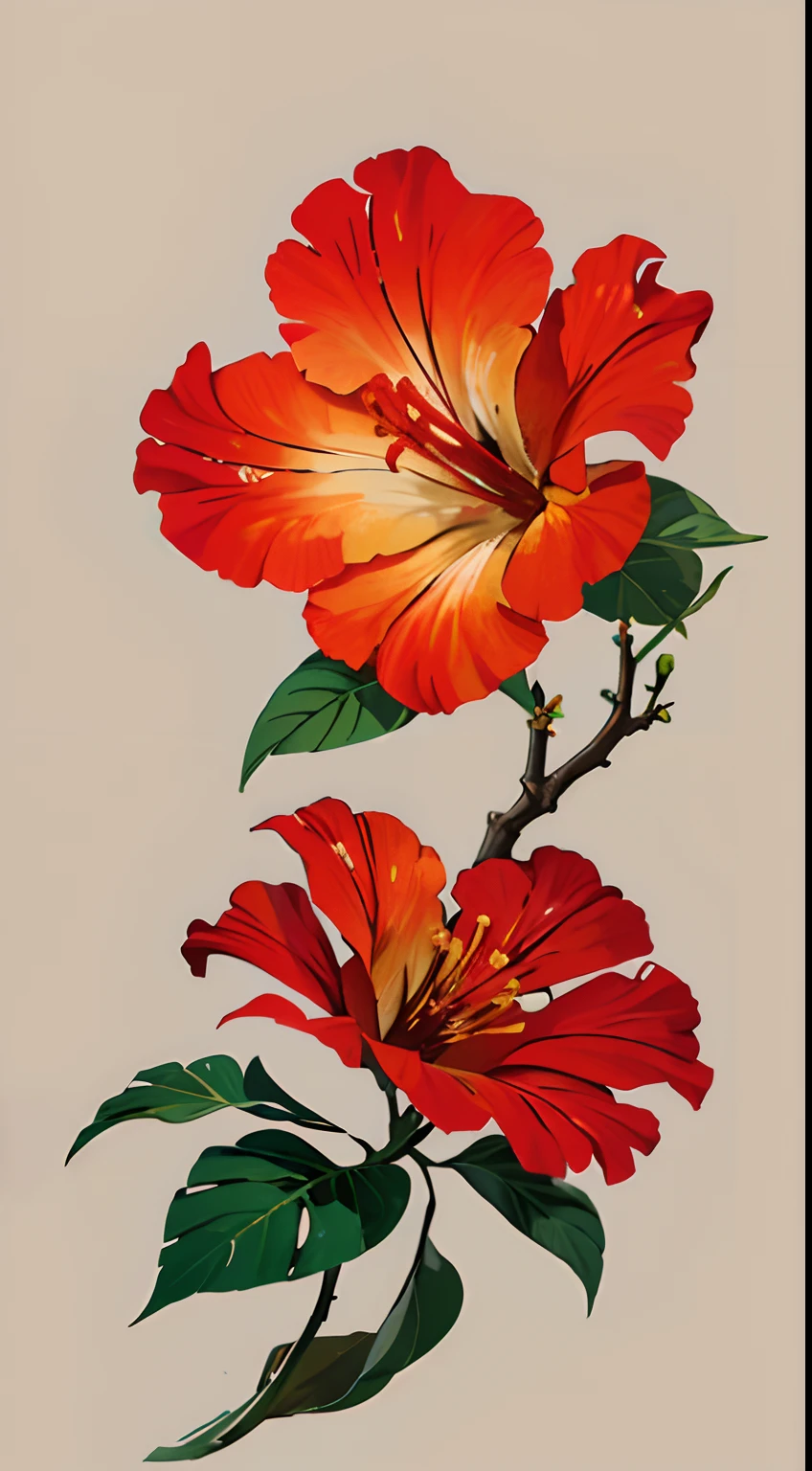 hibiscus flower blooming on a gnarled branch against a grey background, simple background, in the style of light orange and light beige, minimalist images, photography installations, paleocore, green and crimson, hyper-realistic, poetic intimacy
