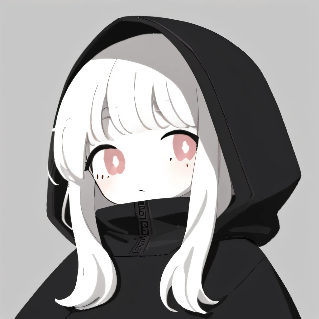 best quality, 1girl, white hair, pink pupils, medium hair, grey background, solo, upper body, black hoodie, hood over the top, high contrast