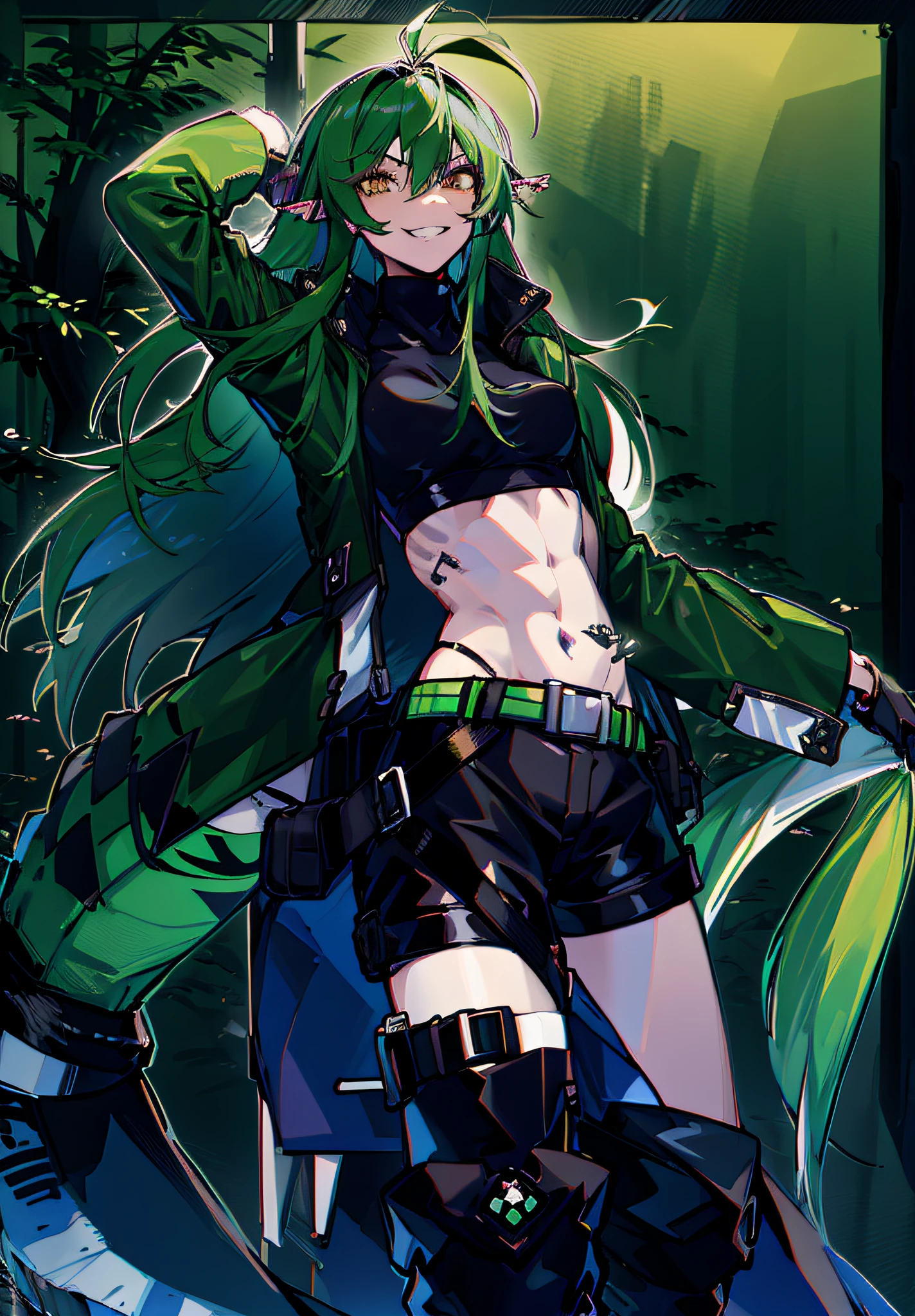 (((perfect anatomy))), mature, mature female, ((anime girl, anime)), detailed background, highres, official art, (masterpiece, best quality, absurdres), ((1girl, solo)), gavial, 1girl, green hair, solo, long hair, nature, holding, pointy ears, jacket, forest, gloves, clenched teeth, outdoors, navel, open jacket, smile, open clothes, midriff, fingerless gloves, black gloves, breasts, weapon, shorts, holding weapon, tree, crop top, good face, beautiful face, looking at viewer, good eyes, antenna hair, hair between eyes, bangs, medium breasts, stomach, cowboy shot, yellow eyes, long sleeves, belt, brown eyes, very long hair, crocodilian tail, pouch, day, standing, green jacket, shirt, staff, sunlight, fangs, black shorts, black footwear, black shirt, green jacket, thighhighs, leg belt, black pouch, (((stomach, nice belly, thin, skinny, ribs, nice navel, toned))), ((ribs))