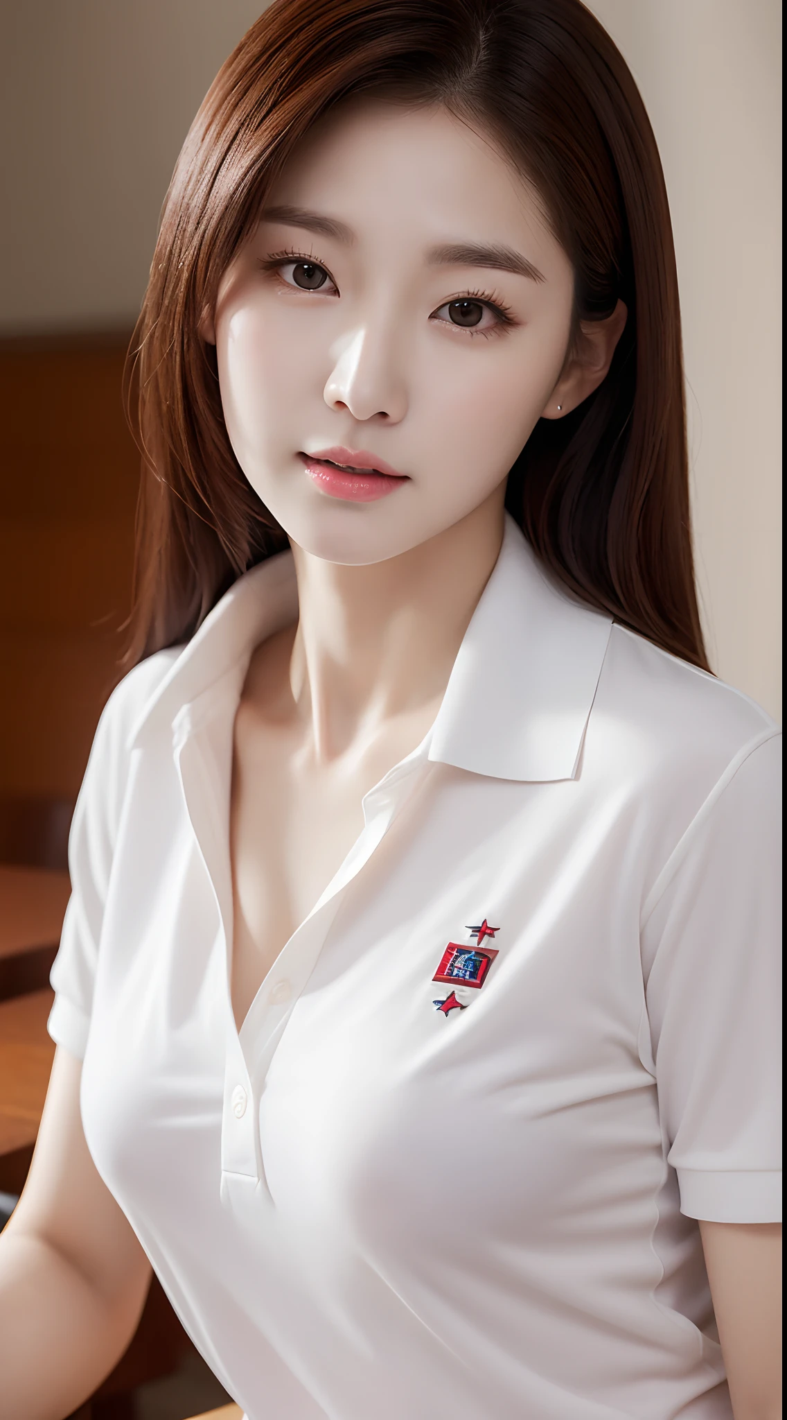 realistic photos of 1 cute Korean star, straight hair, white skin, thin makeup, 32 inch breasts size, wearing polo shirt, pants, in the dining Room, close-up portrait, UHD