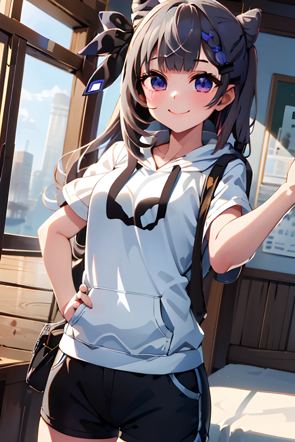 (masterpiece, best quality:1.2),2d, cowboy shot, solo, 1girl, vestia zeta, virtual youtuber, smile, looking at viewer, hair ribbon, hair ornament, Black hoodie,