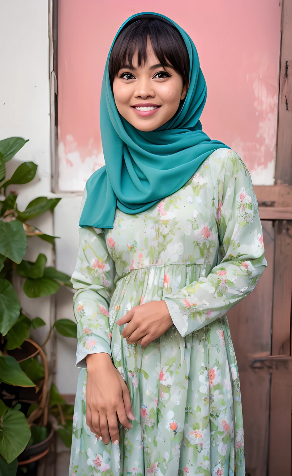 Masterpiece:1.2, high quality, best quality, high resolution, detailed, hyper realistic, 1 malay girl, wear baju kurung, bright short white hair, Shaggy Bob Haircut with Bangs, brown eyes, head tilt, sunset, birds flying, strawberry plant, Portrait, smile, showing teeth, (detailed face), ((sharp focus)), ((face)), upper body, mid shot portrait,