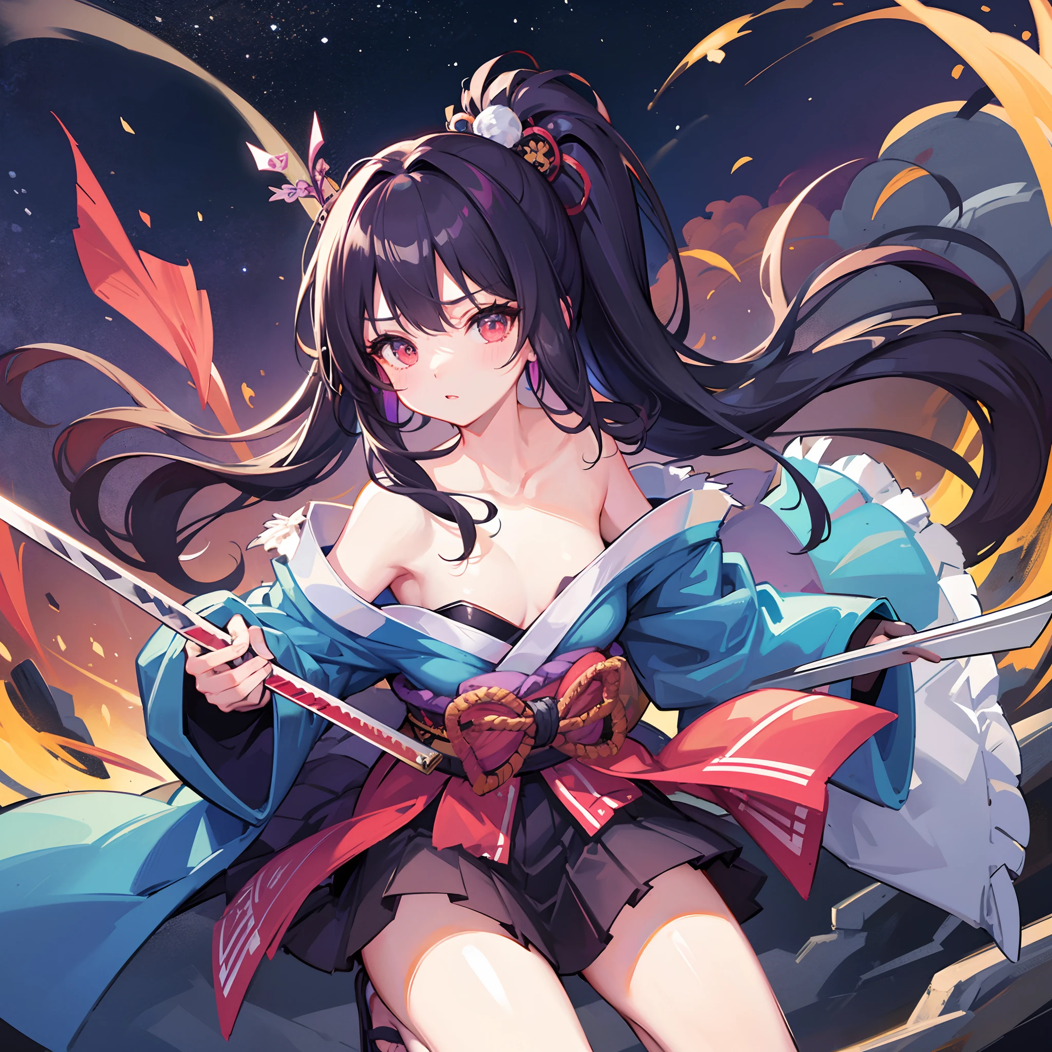 colourfull、Kimono、Fighting Girl Solo、Japanese Sword、cute little、sexypose、masuter piece、A detailed、night mode、Active、presence、dynamic ungle、