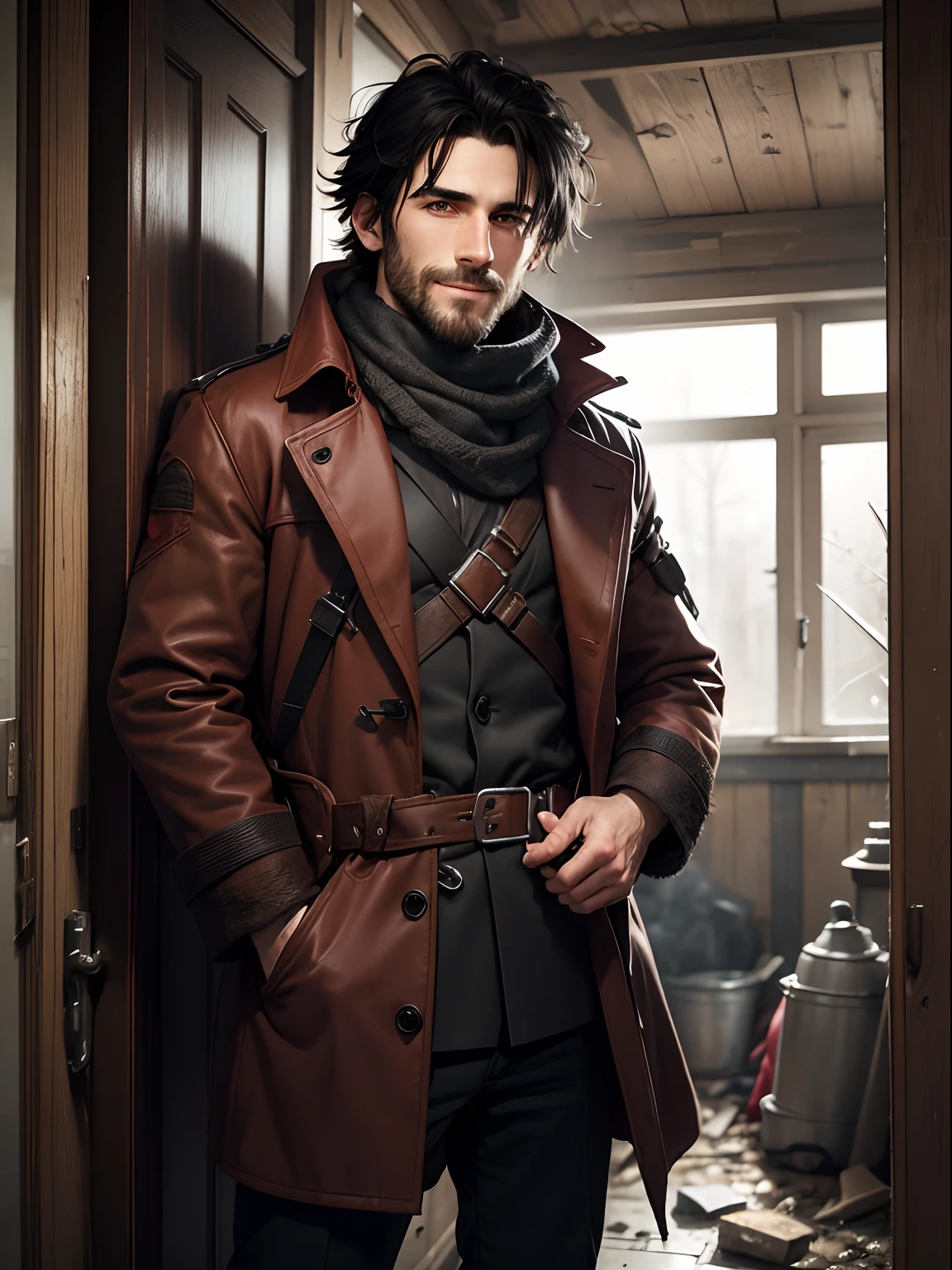 Scruffy black-haired man, 30 years old, stubble, unkempt hair, lop-sided smile, square jaw, handsome, faded red coat, wearing faded red waterproof coat, black keffiyeh, black jumper, equipment belt with knife sheath, leaning against doorframe of derelict bungalow, weeds, overgrown, rubble, overcast, raining
