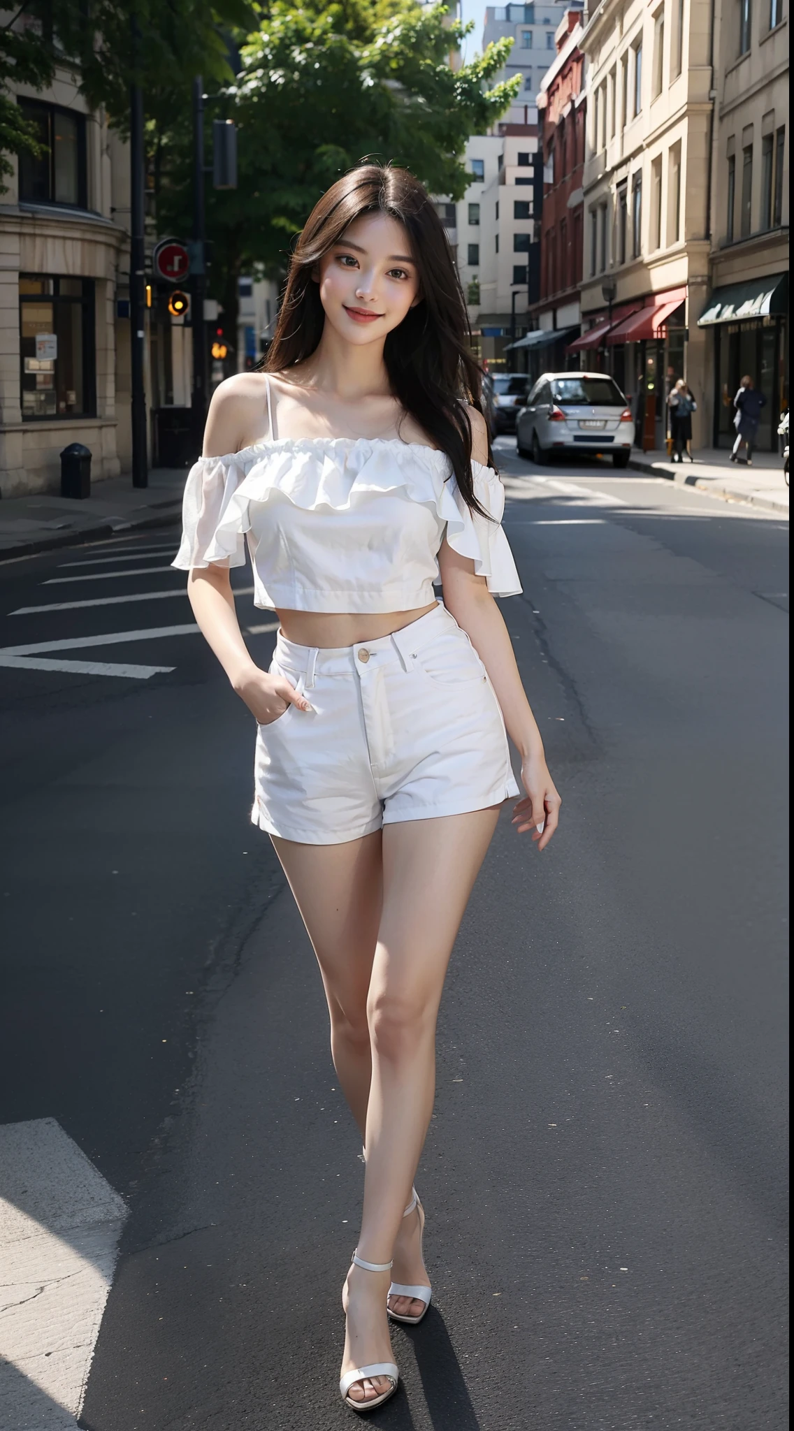 On the street，There is a beauty that catches the eye。She has a slim figure，Wear cool shorts，White off-the-shoulder vest。Crop topping，Long legs，Arm fingers are realistic and clear，It looks more elegant。In terms of appearance，She has long black and shiny hair，Long hair fluttering, Fair skin like jade，The facial features are delicate and picturesque，Especially those big bright eyes，It seems to be able to see through people's hearts。She often has a smile on her lips，Exudes charming confidence and charm，Best quality，Face to face audience，cute smiling，Seductive face walking down the street，Beautiful posture，Curvy body，Sweet smile