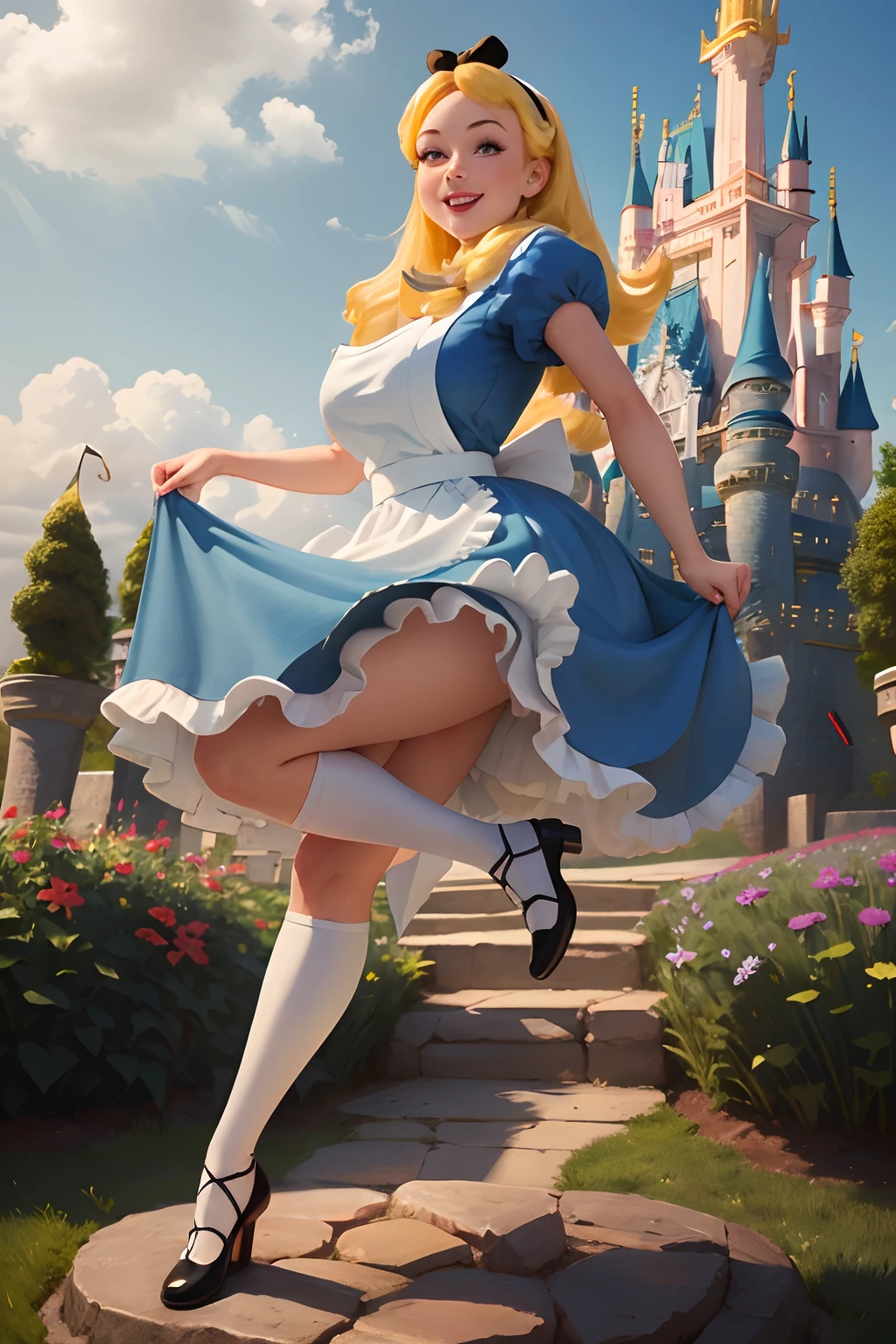 (masterpiece), (best quality), (extremely detailed), alice liddell, blue dress, white apron, black hairband, white long socks, cute pose, in a flower garden, (((disney castle at the background))), (blue sky), (sunny day), 3d. Illustration, Good Highlights, Perfect Proportions, dynamic, Professional, Award winning, (high detailed skin), (high detailed face), photorealistic, HDR, ultra highres, absurdres, perfect body shape, cute smiling, realistic figure, sexy posing, teaser standing, curvy, perfect breast, leg spread, show , , ((undressed))