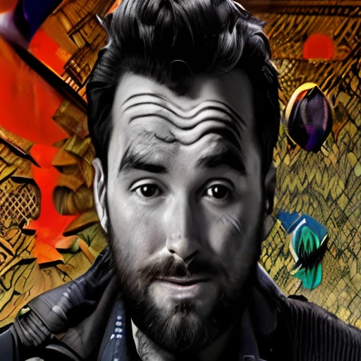 arafed image of a man with a beard and a beard in front of a colorful background, daoshi, giorgio a. tsoukalos, promotional image, trending photo, promo image, enigmatic!!, amr elshamy, vinny vinesauce, ari aster, serial art, beksinsky, intricate image, masterstroke, zack de la rocha