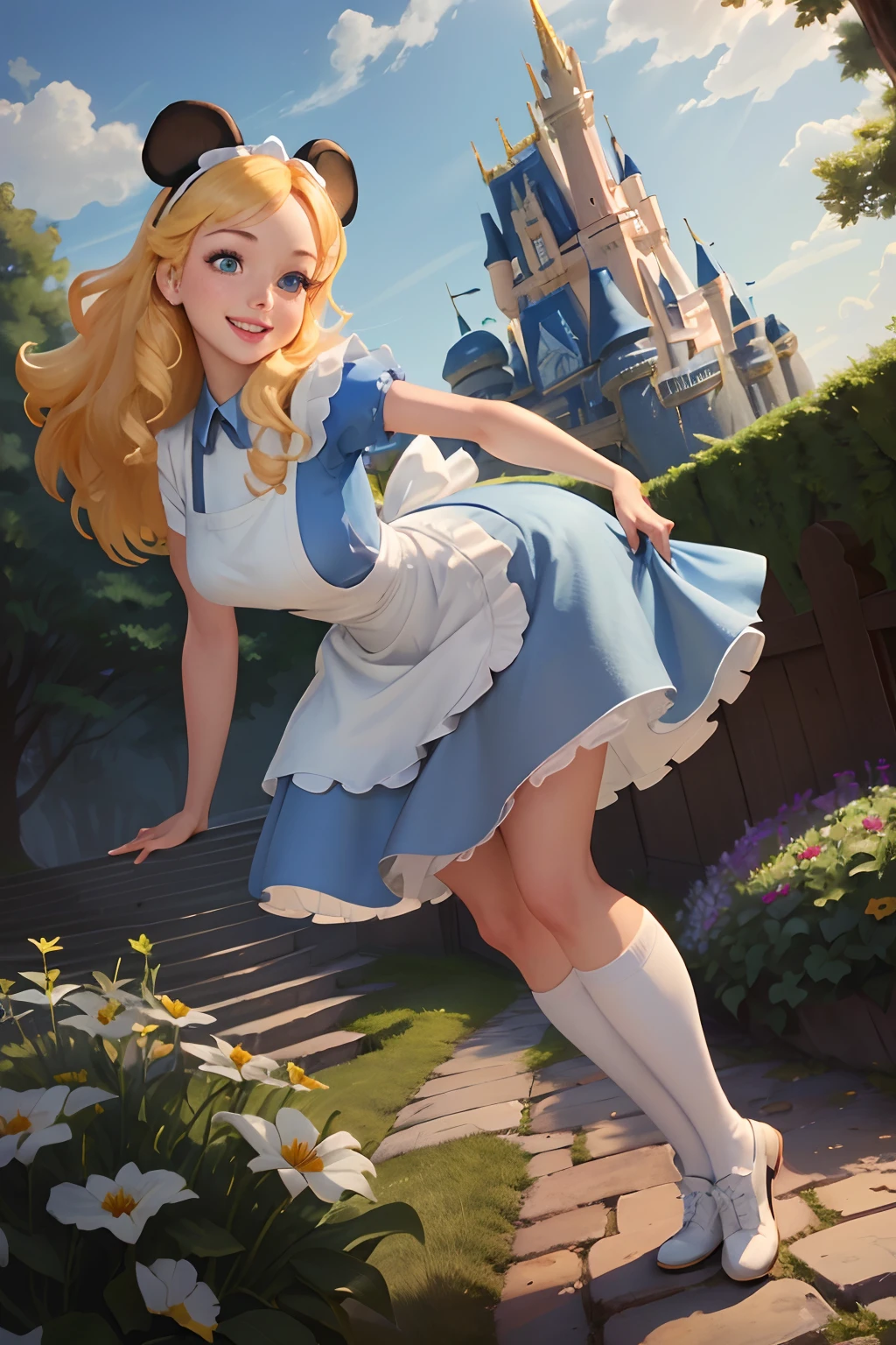 (masterpiece), (best quality), (extremely detailed), alice liddell, blue dress, white apron, black hairband, white long socks, cute pose, in a flower garden, (((disney castle at the background))), (blue sky), (sunny day), 3d. Illustration, Good Highlights, Perfect Proportions, dynamic, Professional, Award winning, (high detailed skin), (high detailed face), photorealistic, HDR, ultra highres, absurdres, perfect body shape, cute smiling, realistic figure, sexy posing, teaser bent over, curvy, perfect breast