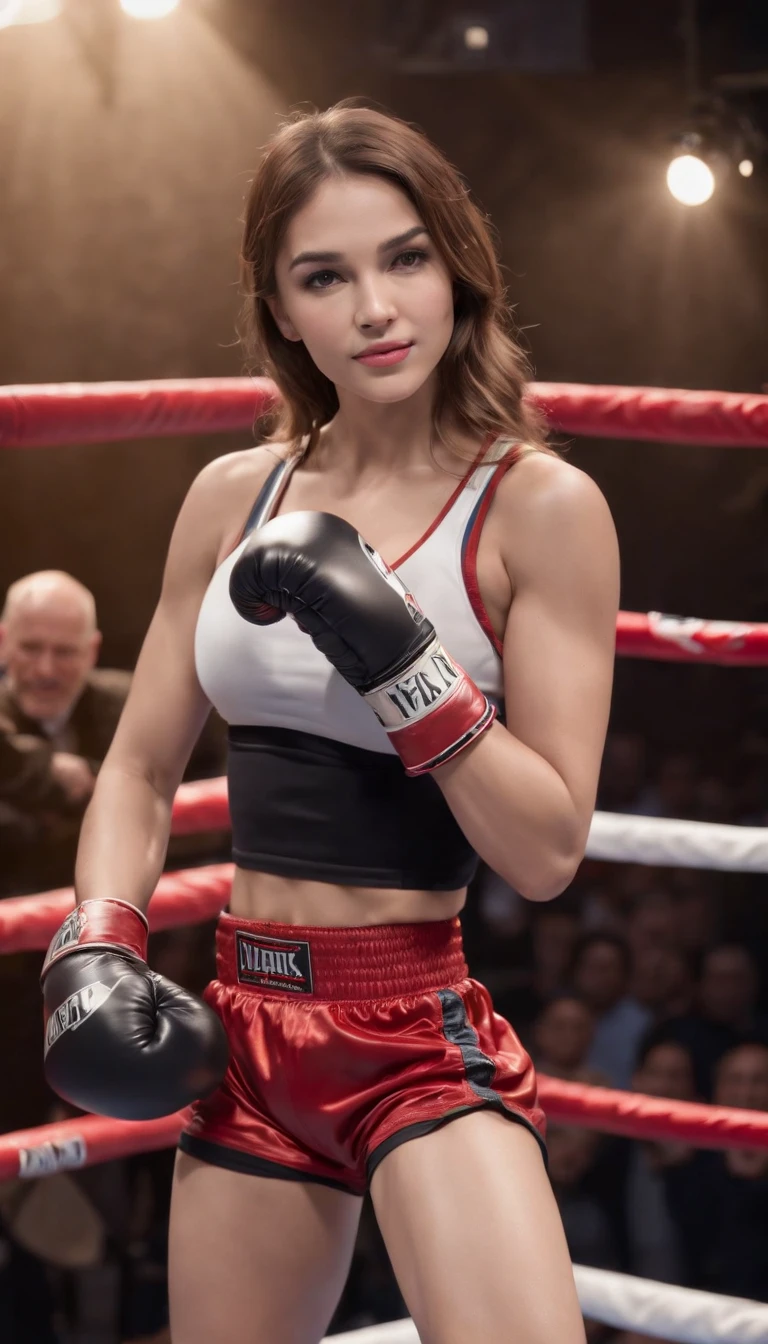 best quality, Very complex CG Unity 8K wallpapers, boxer, (real light:2), cinematic scene, High resolution, high-detail, very realistic, 1girl in, (boxing gloves), inside boxing ring, coliseum, floral, shining_head_hair、(((short_head))), long wavy Hair Hair, FULL SHOT, perfectly toned muscles, throwing upper cut pose, looking at the audience, smiling ((Boxing ring)), Bright atmosphere, Spotlight, detailed background