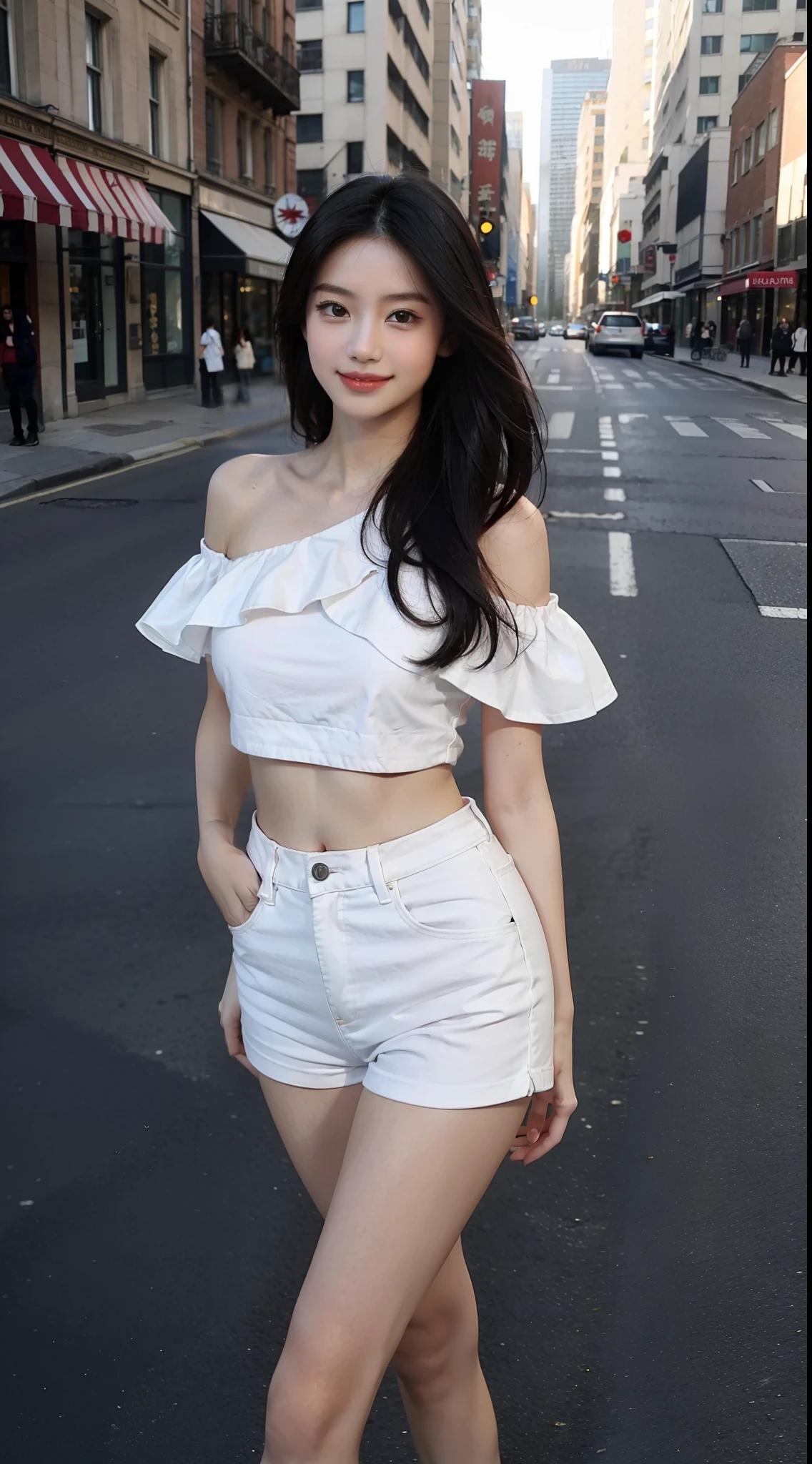On the street,There is a beauty that catches the eye。She has a slim figure,Wear cool shorts,White off-the-shoulder vest。Crop topping,Long legs,Arm fingers are realistic and clear,It looks more elegant。In terms of appearance,She has long black and shiny hair,Long hair fluttering, Fair skin like jade,The facial features are delicate and picturesque,Especially those big bright eyes,It seems to be able to see through people's hearts。She often has a smile on her lips,Exudes charming confidence and charm,Best quality,Face to face audience,cute smiling,Seductive face walking down the street,Beautiful posture,Curvy body,Sweet smile