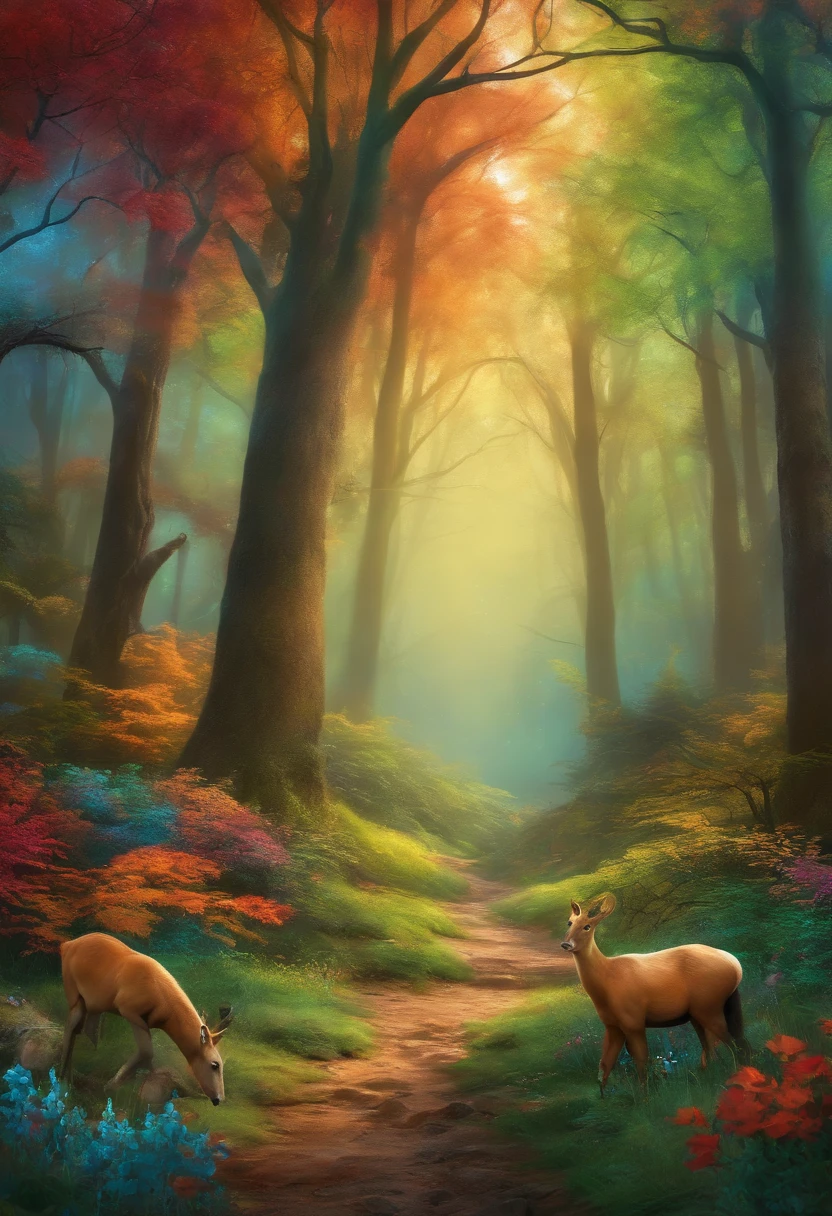 Original colorful forest for 3D painting with animals