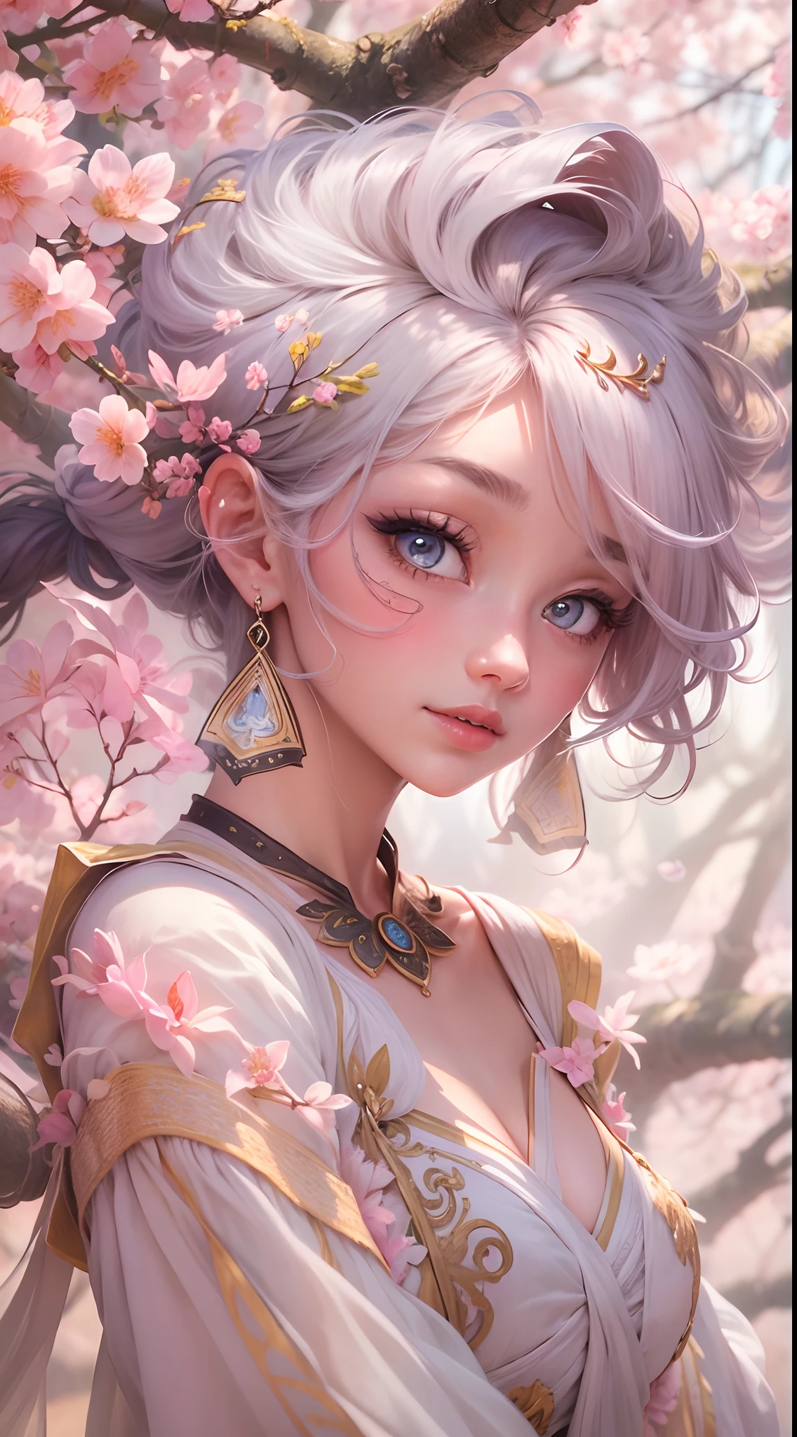 1girl, beautiful detailed faces and eyes, whaite hair, A ballet dancer, Colorful ballet dancer costumes,plumw,extremely large bosom, 独奏, tmasterpiece, HighestQuali, HighestQuali, offcial art, Beauty and aesthetics,Camel toes,Flushed complexion,Desire for dissatisfaction,frontage, (Background with:Cherry blossom forest,Lake,Spectacular views,)Deep in the forest,