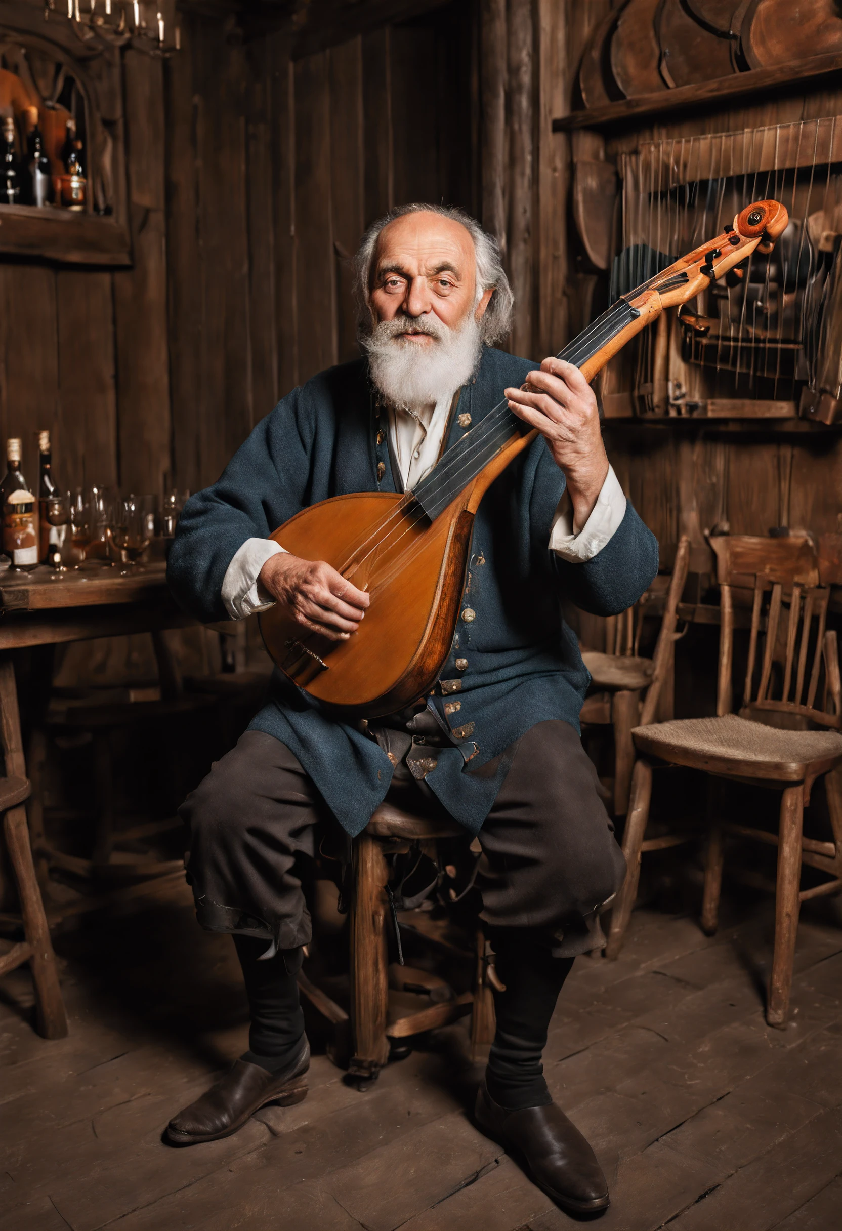 hotographic portrait, full length, old villager playing stringed instrument, medieval tavern,professional photoshoot