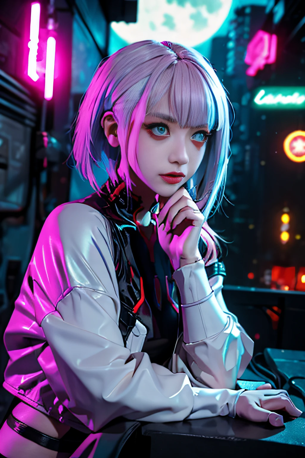 lucy \(cyberpunk\), 1girl, hair scrunchie, hime cut, silver hair, colored tips, full moon, grey eyes, jacket, long sleeves, looking at viewer, medium hair, multicolored hair, parted bangs, parted lips, pink hair, portrait, red eyeliner, red lips, solo, white jacket, cyberpunk \(series\), rainy night in a cyberpunk city with glowing neon lights