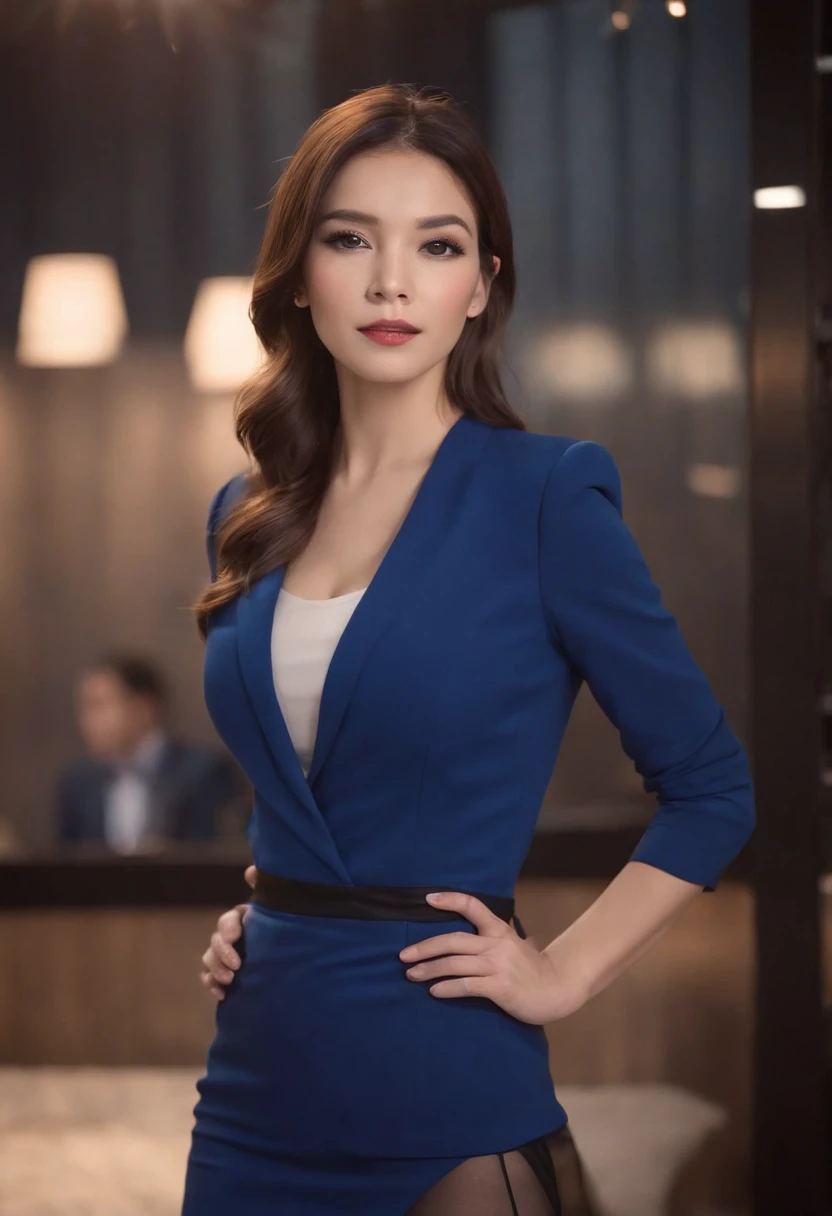 beautiful, 1female, female announcer, blue suit. tight skirt, black pantyhose,tv show