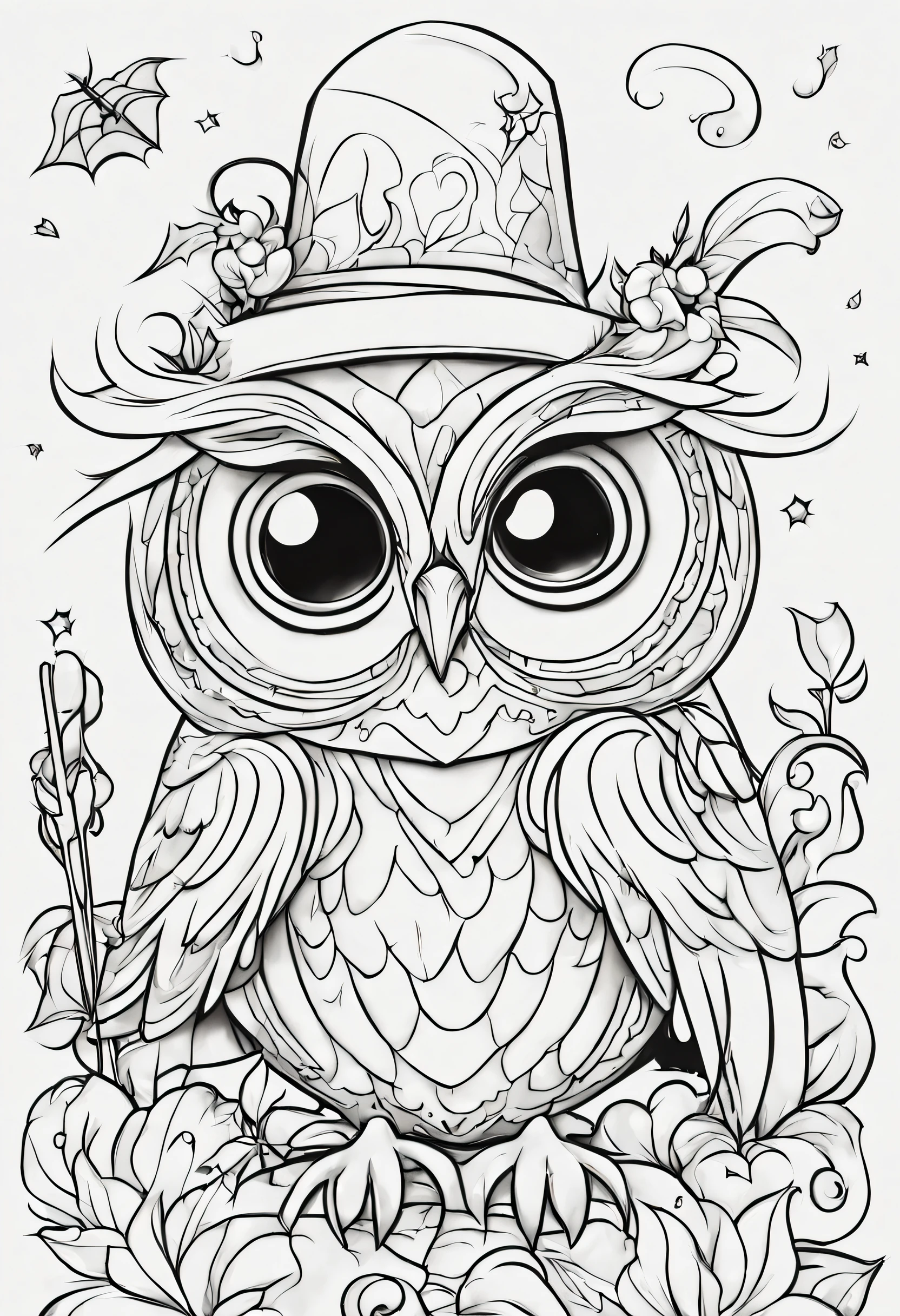 (hight definition, 8k) Coloring book style, black and white, halloween owl and ghosts and other characters, Disney style, cute halloween doodle,  very low detailed lines, thick lines