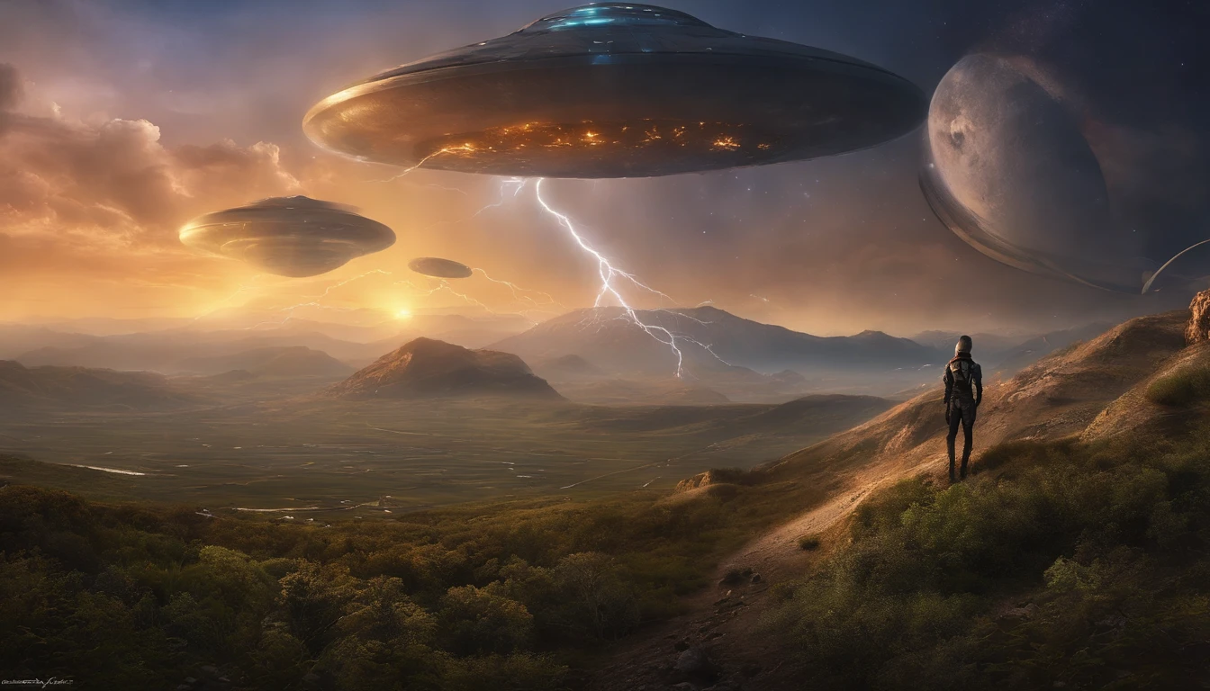 (((Epic landscapes)))、Campo, estrellas distantes en el cielo oscuro, Enorme plataforma en primer plano, High-tech spacecraft, Fantastically beautiful girl, Beyond the sky fi, Bonita cara joven, Tal vez desarrollar cabello, hermosa figura, Muchos detalles, lightning. sujetador, Sujetadores de dispositivos, Cables. anatomy correct, rasgos faciales correctos, BodyProportions, Grandes ojos expresivos. Amor por todo el universo. A masterpiece that is not an earthly creation, Elementos del cyberpunk, Combate de robots, torreta , tech. Civilizaciones extraterrestres. Amor a primera vista.