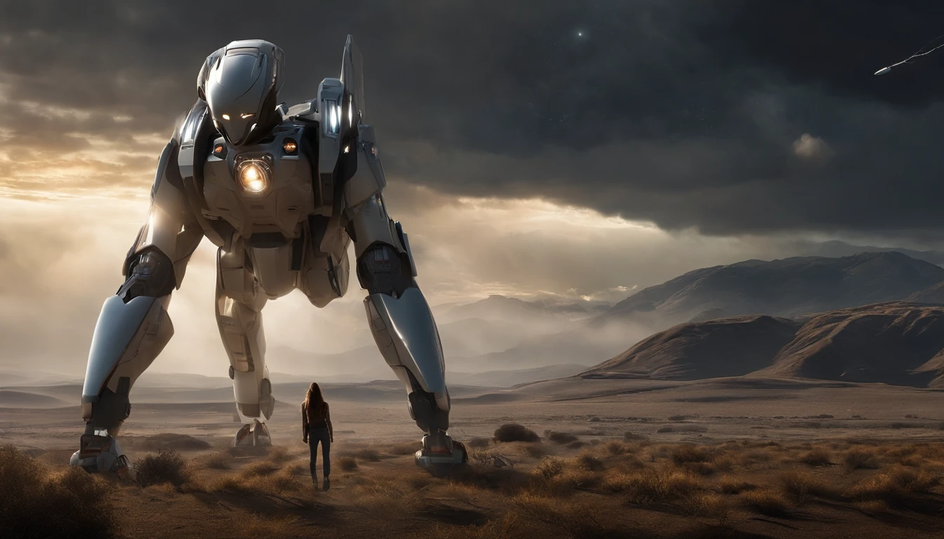 (((Epic landscapes)))、Campo, estrellas distantes en el cielo oscuro, Enorme plataforma en primer plano, High-tech spacecraft, Fantastically beautiful girl, Beyond the sky fi, Bonita cara joven, Tal vez desarrollar cabello, hermosa figura, Muchos detalles, lightning. sujetador, Sujetadores de dispositivos, Cables. anatomy correct, rasgos faciales correctos, BodyProportions, Grandes ojos expresivos. Amor por todo el universo. A masterpiece that is not an earthly creation, Elementos del cyberpunk, Combate de robots, torreta , tech. Civilizaciones extraterrestres. Amor a primera vista.