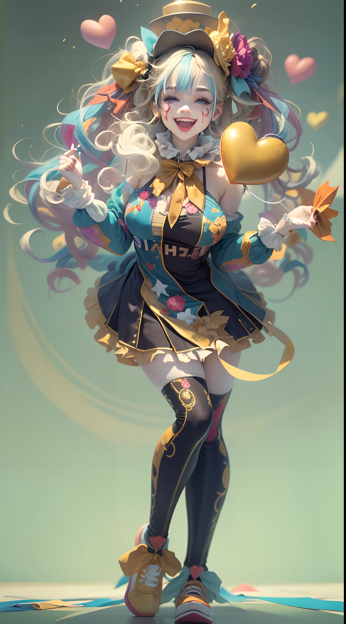 A clown girl,((full bodyesbian)),Solo. Colorful, Jester cap,fresh flowers, Clown costume, mitts, Heart-shaped painting on the face, dark gold hair,(cheerfulness), Smile,Cute,White face, Wavy hair, hair-bun,((high-heels))。hdr,hyper HD,8K, Best quality, Masterpiece, Highly detailed, Golden hour lighting, Physically-based rendering,
