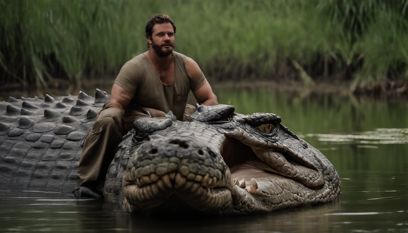 Color analogue photography, photo RAW, Amateur photography, Bearded fat black man Zuri shirtless in camouflage shorts, stands in the open mouth of a huge alligator, Grown by alligators in a swamp, A flock of alligators, letho, Africa, Jungle, It is nighttime, The frame is illuminated only by the camera,