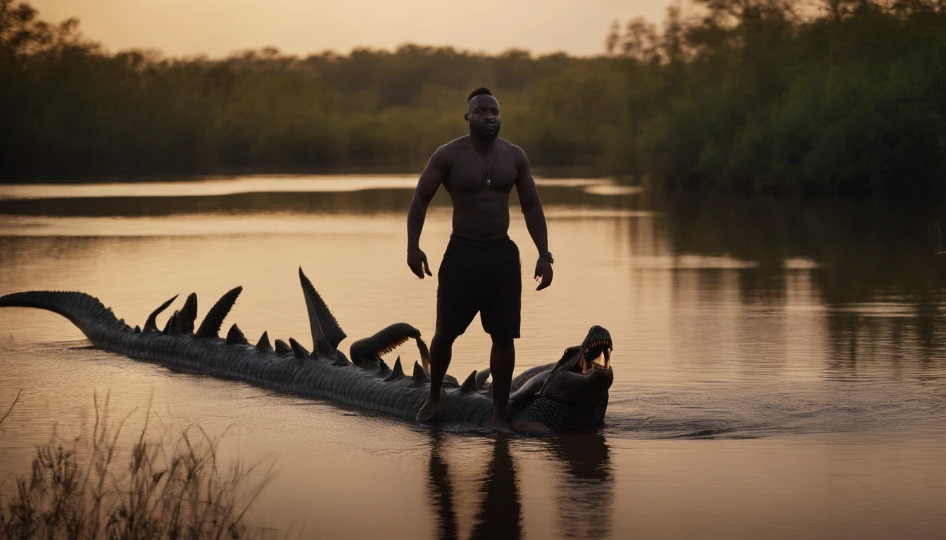 Color analogue photography, photo RAW, Amateur photography, Bearded fat black man Zuri shirtless in camouflage shorts, stands in the open mouth of a huge alligator, Grown by alligators in a swamp, A flock of alligators, letho, Africa, Jungle, It is nighttime, The frame is illuminated only by the camera,