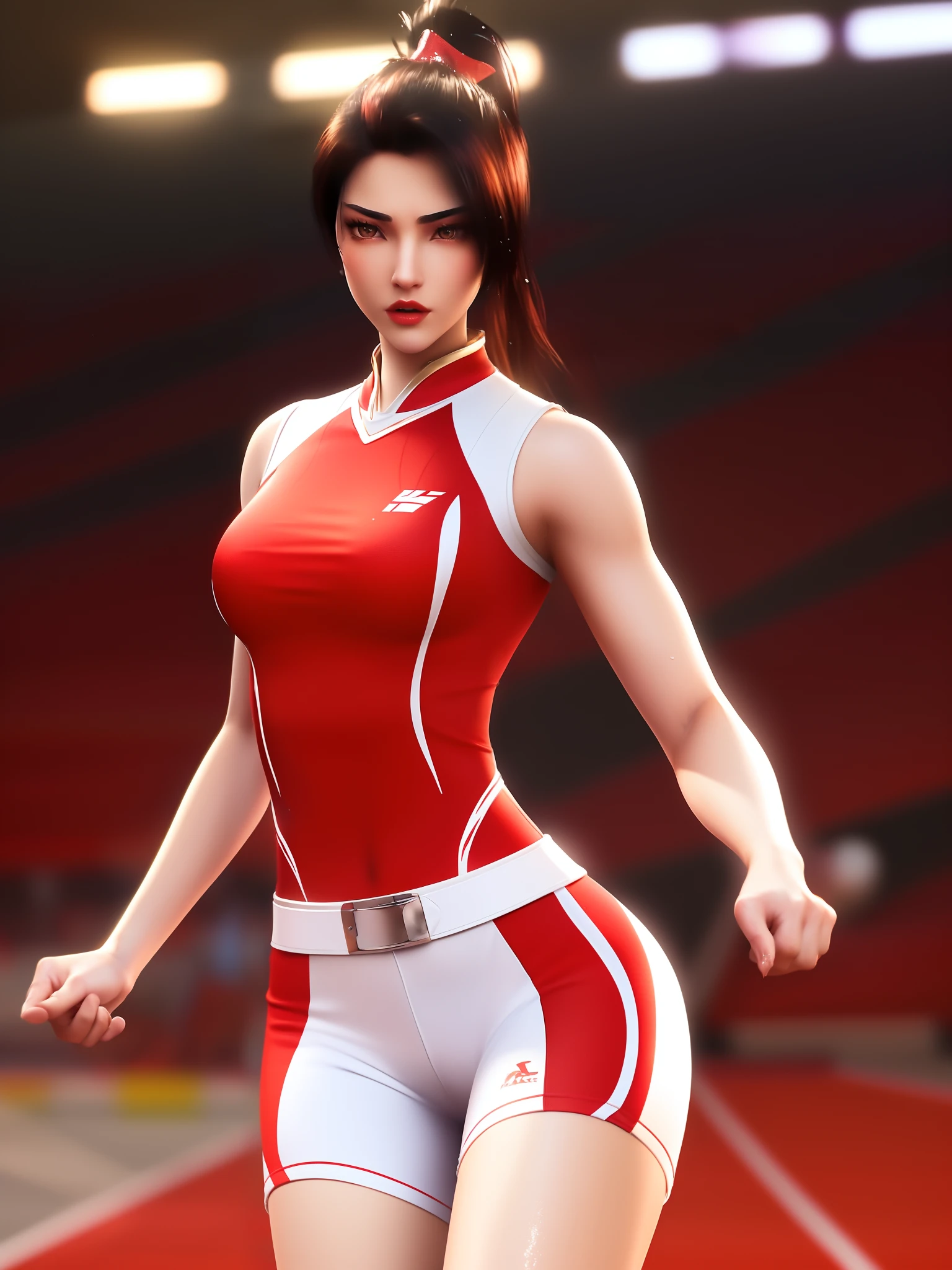 SYWZwangyuanyuan,1girl, armor,cityscape, morning, looking at viewer, mature female, red eyes,high ponytail, hair ornament, red shirt,cowboy shot, pauldrons,((masterpiece, Top image quality, hight resolution、独奏、small tits、Sleeveless uniforms on land、track and field athlete、high-ponytail Hairstyle、Tecateca skin、glowy skin))、Sweaty face、Latina, puberty, full of sweat、red lipsticks、Walk along the tracks of the athletics stadium、独奏、On both hands and hips、Navel is visible、((Thigh Raising Training))、((Running on the track))、(((Macho Body)))、((Uniform wet with sweat))、(((see the whole body)))