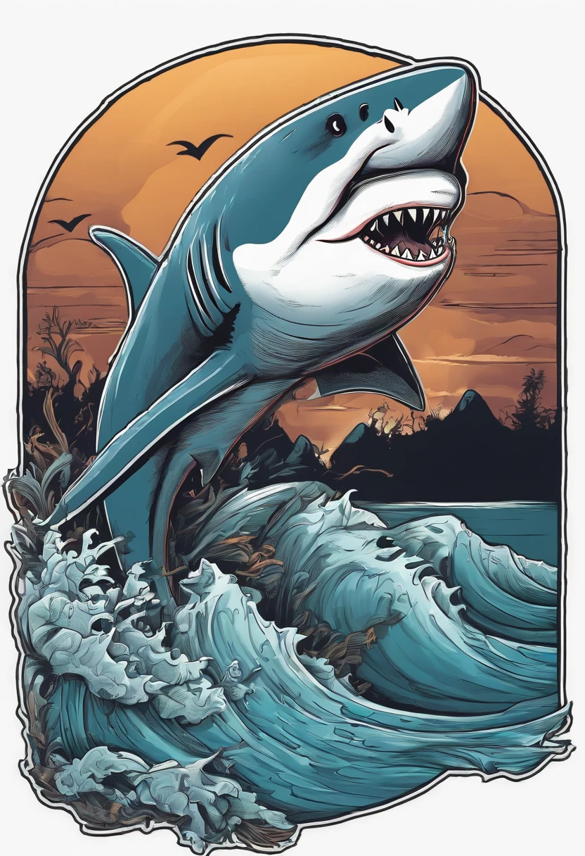 shark illustration for a sticker with a black background, in bold outline style, jagged edges, trashcore, light shading --v 5.2